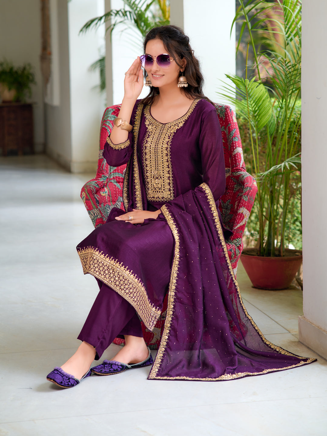 Embroidered Kurta With Pant & Printed Dupatta, Wine - Hiral Fashion