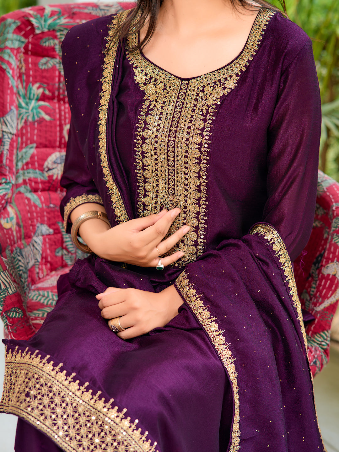 Embroidered Kurta With Pant & Printed Dupatta, Wine - Hiral Fashion