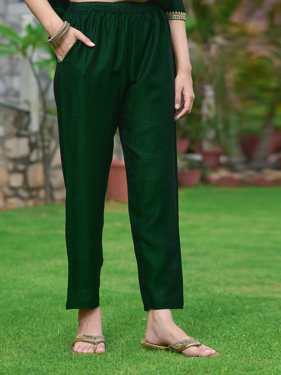 Anarkali Embroidered Kurta With Pant & Dupatta, Bottle-Green - Hiral Fashion