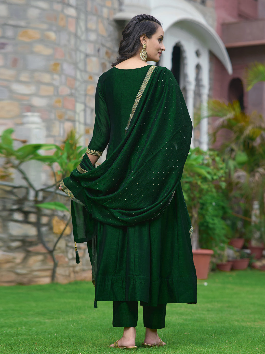 Anarkali Embroidered Kurta With Pant & Dupatta, Bottle-Green - Hiral Fashion