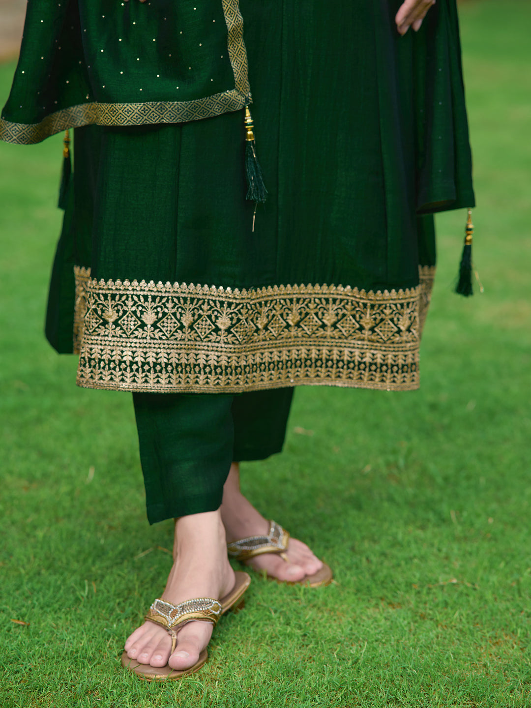 Anarkali Embroidered Kurta With Pant & Dupatta, Bottle-Green - Hiral Fashion