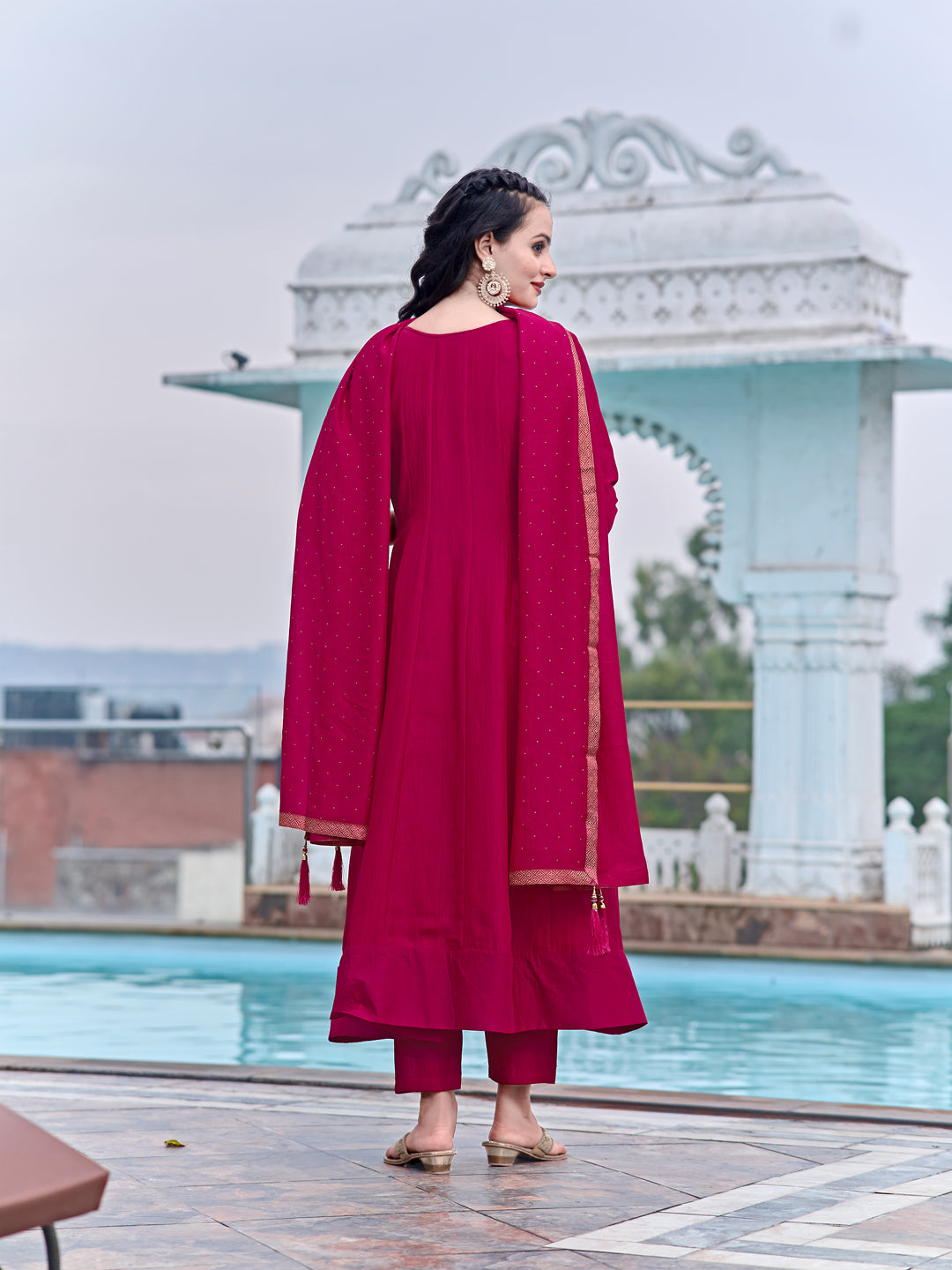 Anarkali Embroidered Kurta With Pant & Dupatta, Pink - Hiral Fashion