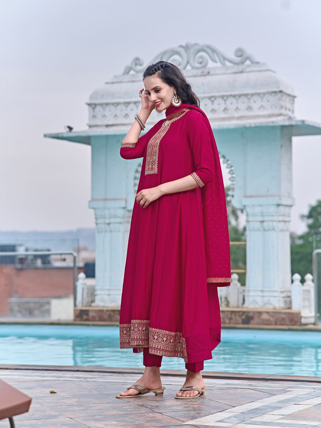 Anarkali Embroidered Kurta With Pant & Dupatta, Pink - Hiral Fashion