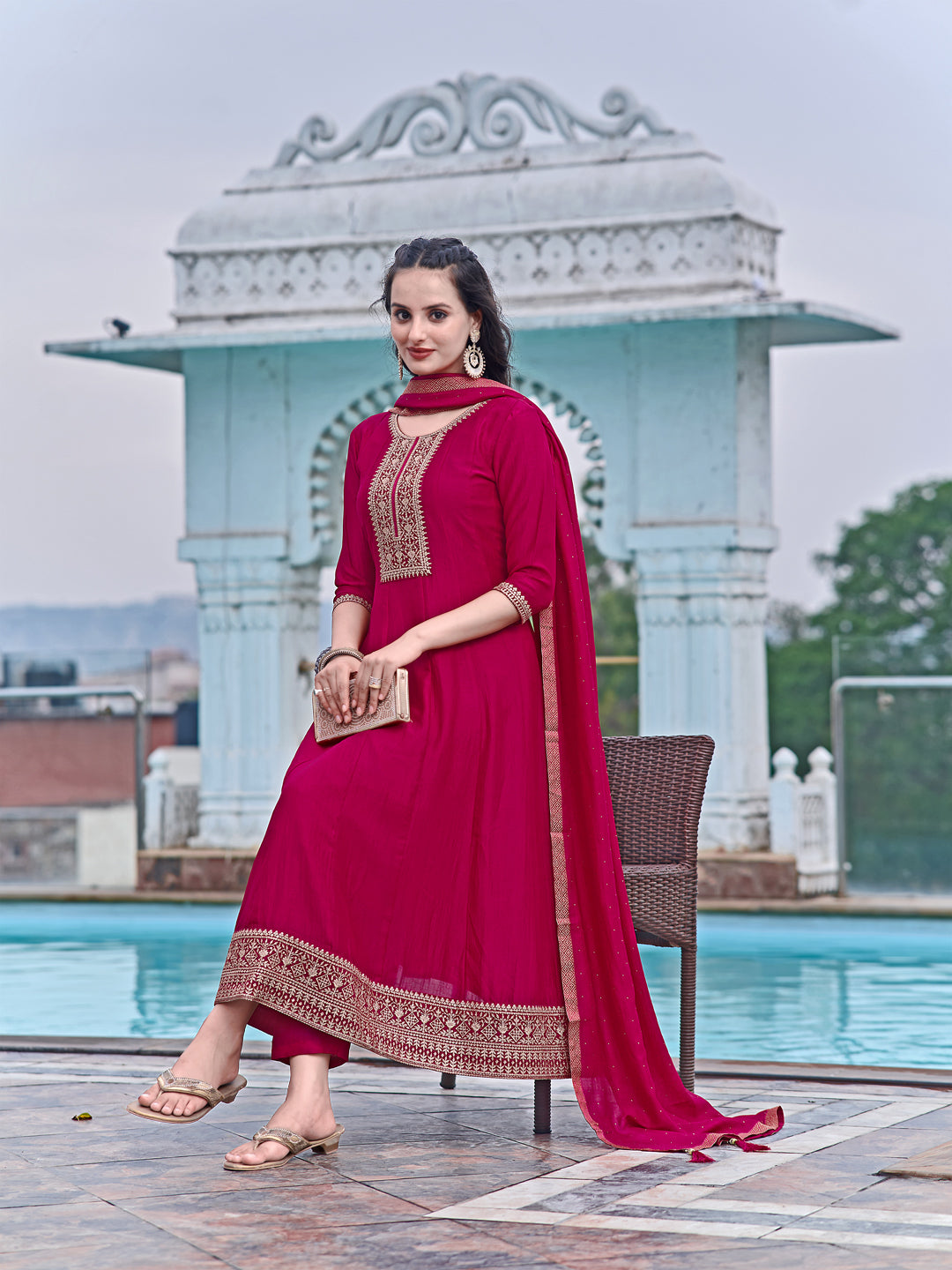 Anarkali Embroidered Kurta With Pant & Dupatta, Pink - Hiral Fashion