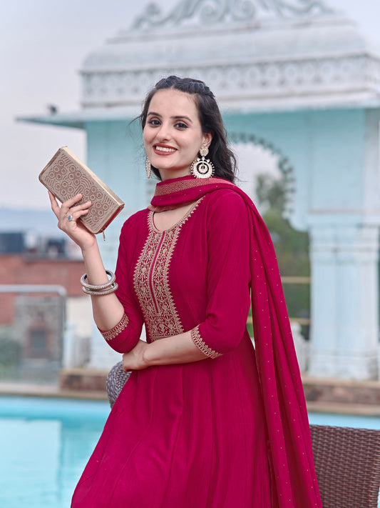 Anarkali Embroidered Kurta With Pant & Dupatta, Pink - Hiral Fashion