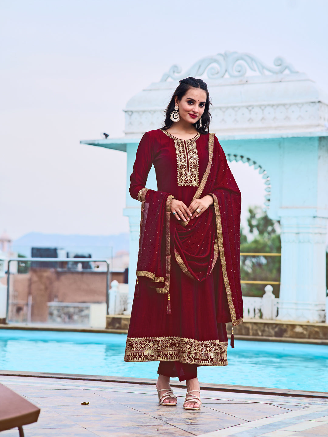 Anarkali Embroidered Kurta With Pant & Dupatta, Maroon - Hiral Fashion