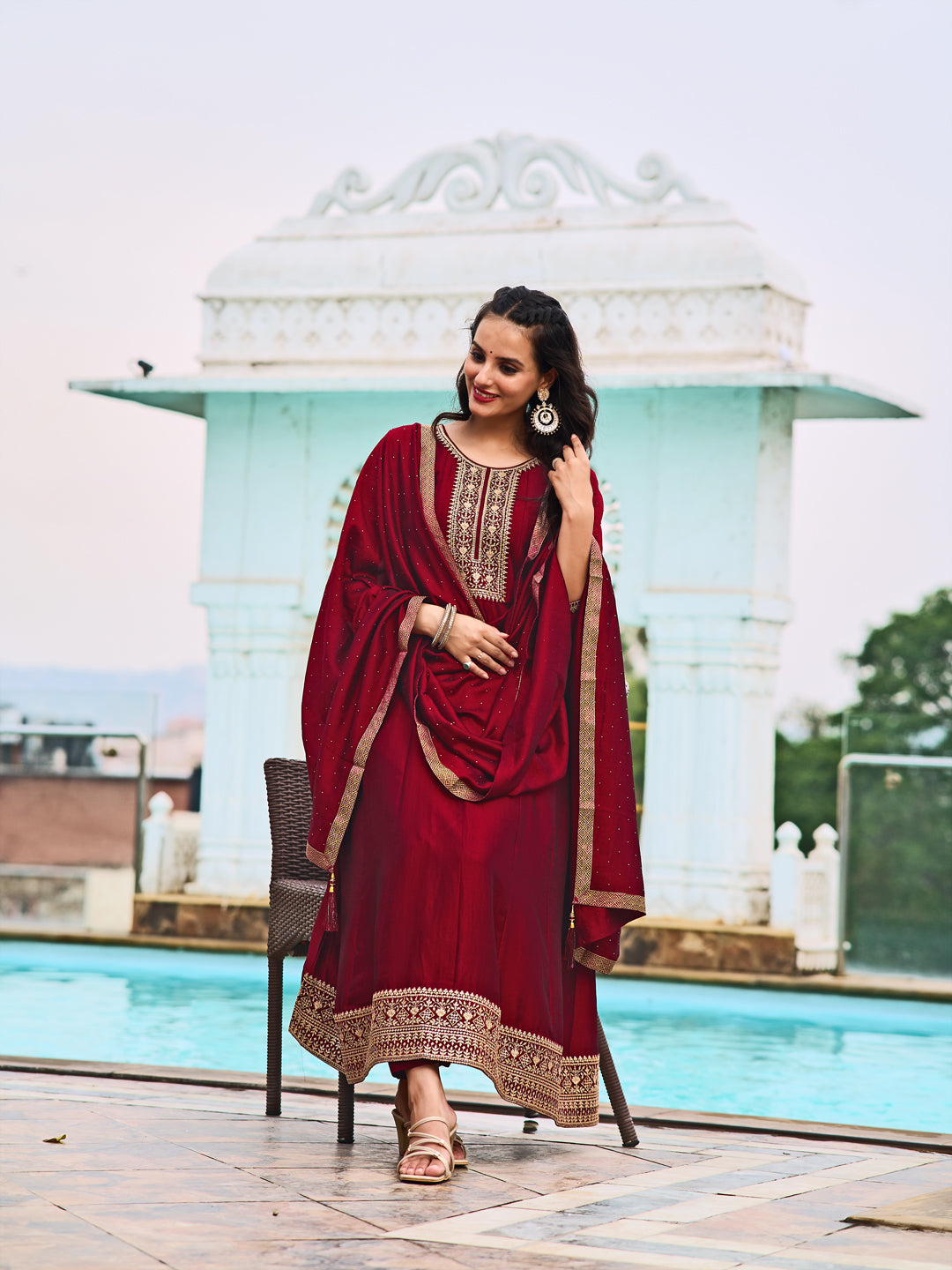 Anarkali Embroidered Kurta With Pant & Dupatta, Maroon - Hiral Fashion