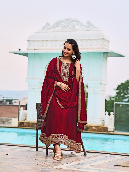 Anarkali Embroidered Kurta With Pant & Dupatta, Maroon - Hiral Fashion