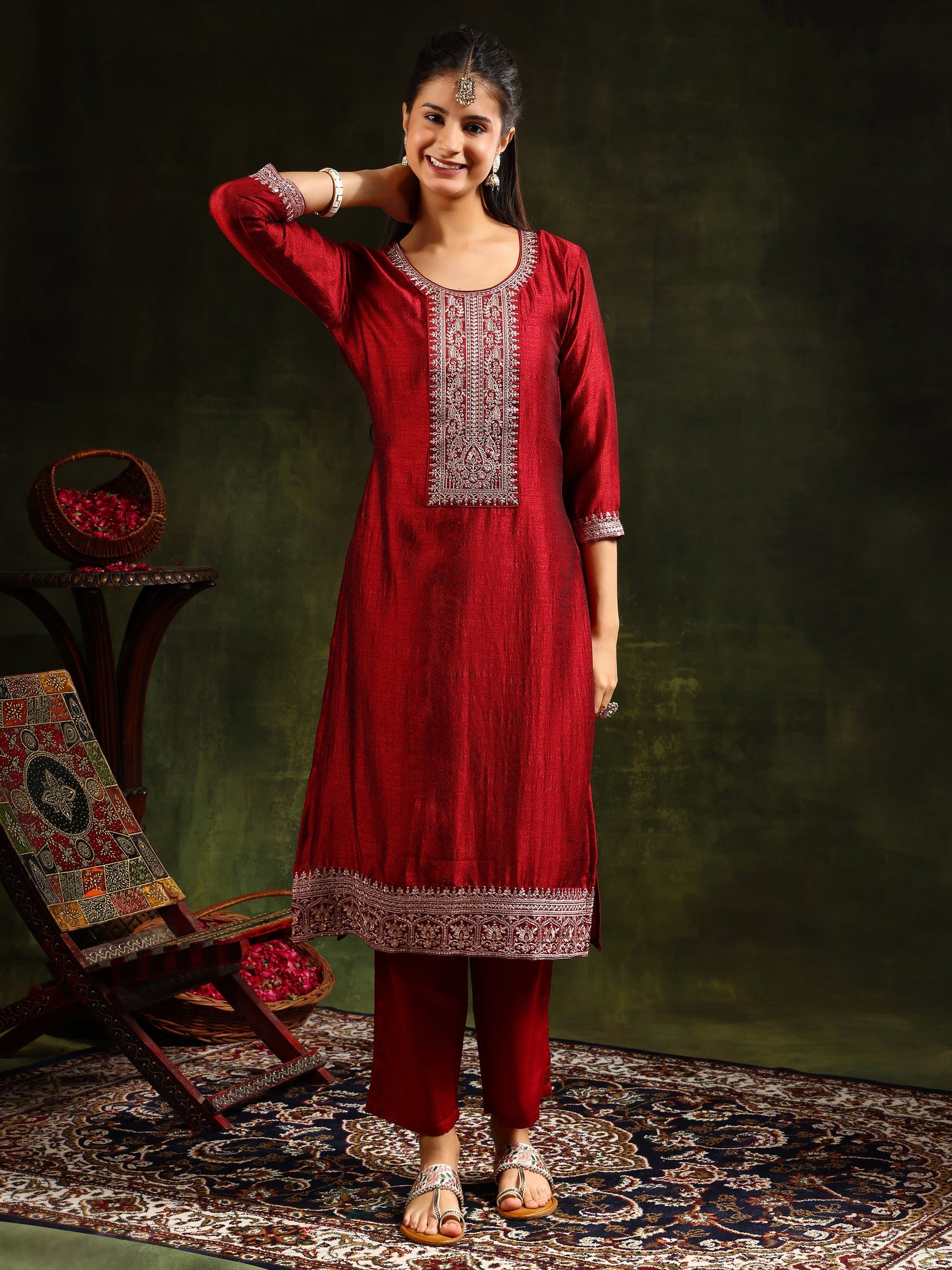 Sequined Embroidered Kurta With Pant & Embroidered Dupatta, Maroon - Hiral Fashion