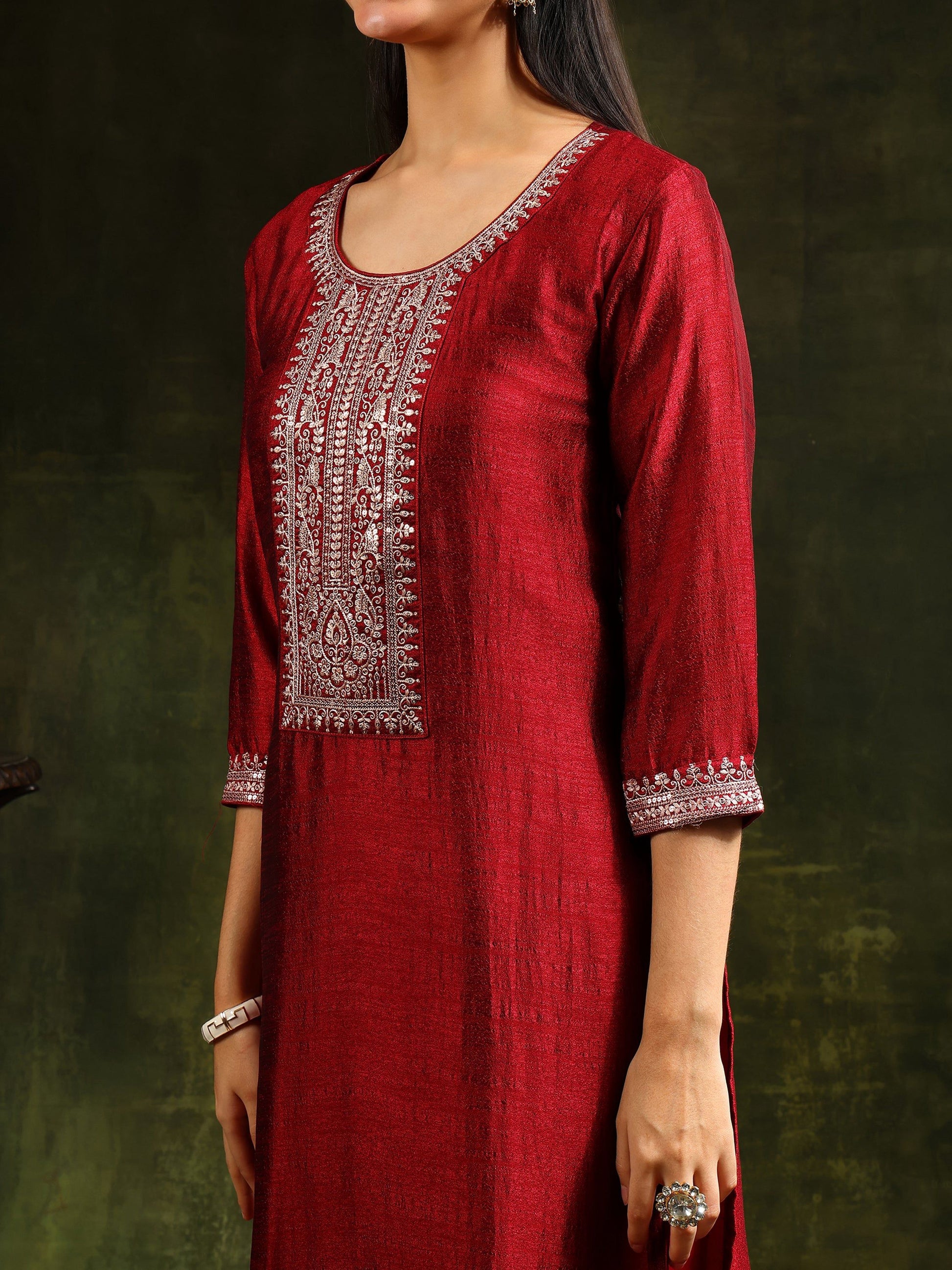 Sequined Embroidered Kurta With Pant & Embroidered Dupatta, Maroon - Hiral Fashion