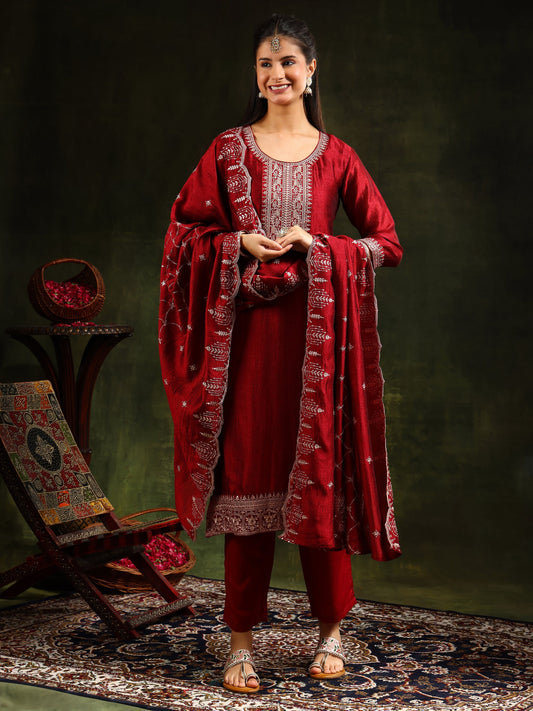 Sequined Embroidered Kurta With Pant & Embroidered Dupatta, Maroon - Hiral Fashion