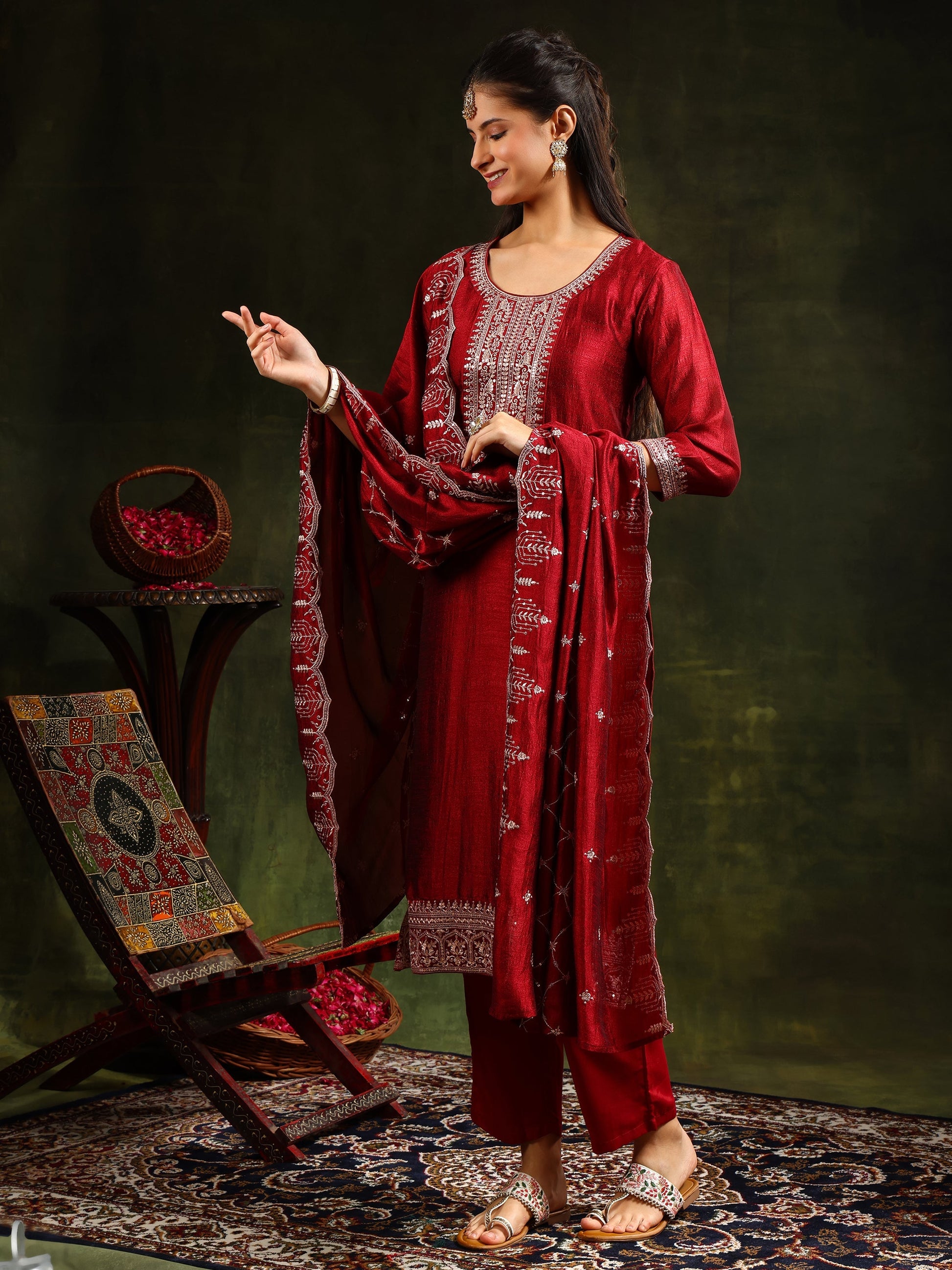Sequined Embroidered Kurta With Pant & Embroidered Dupatta, Maroon - Hiral Fashion