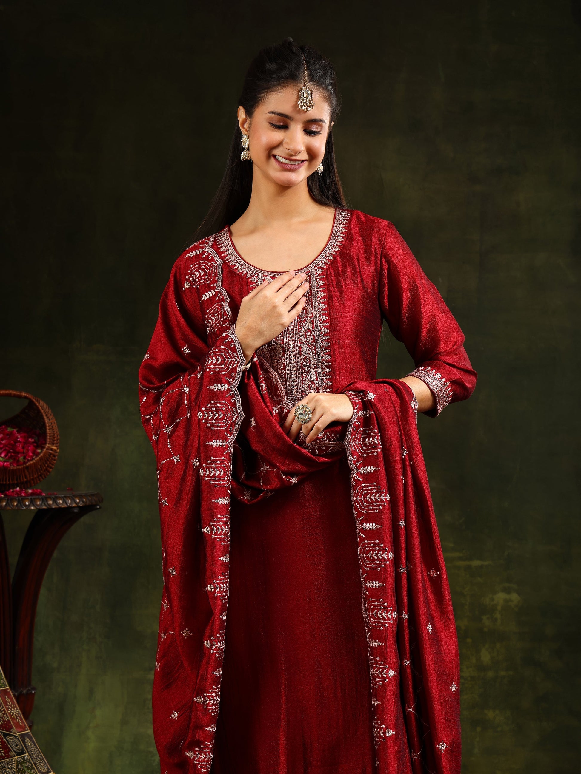 Sequined Embroidered Kurta With Pant & Embroidered Dupatta, Maroon - Hiral Fashion