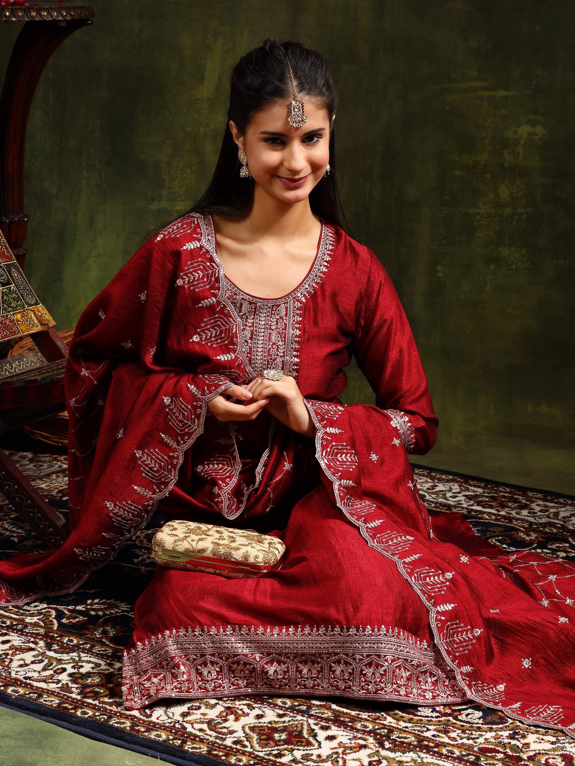Sequined Embroidered Kurta With Pant & Embroidered Dupatta, Maroon - Hiral Fashion