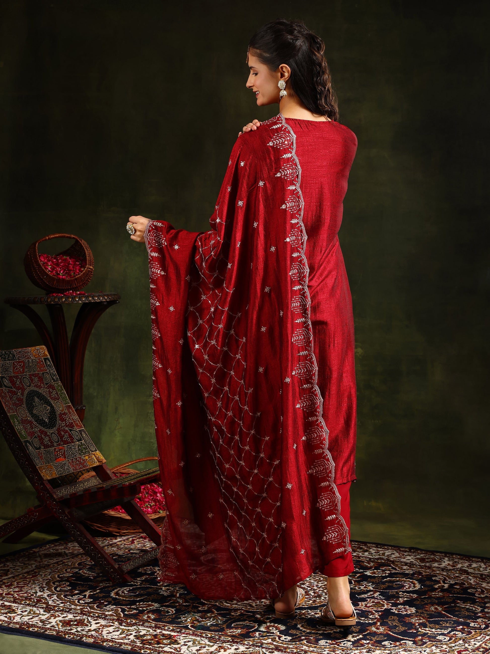 Sequined Embroidered Kurta With Pant & Embroidered Dupatta, Maroon - Hiral Fashion