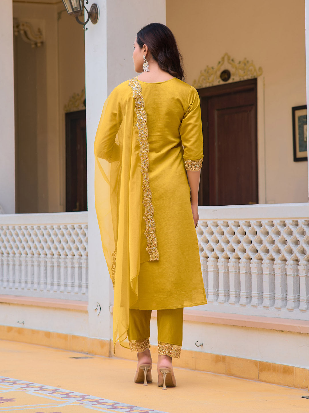 Embroidered Kurta With Pant & Embroidered Dupatta, Mustard - Hiral Fashion