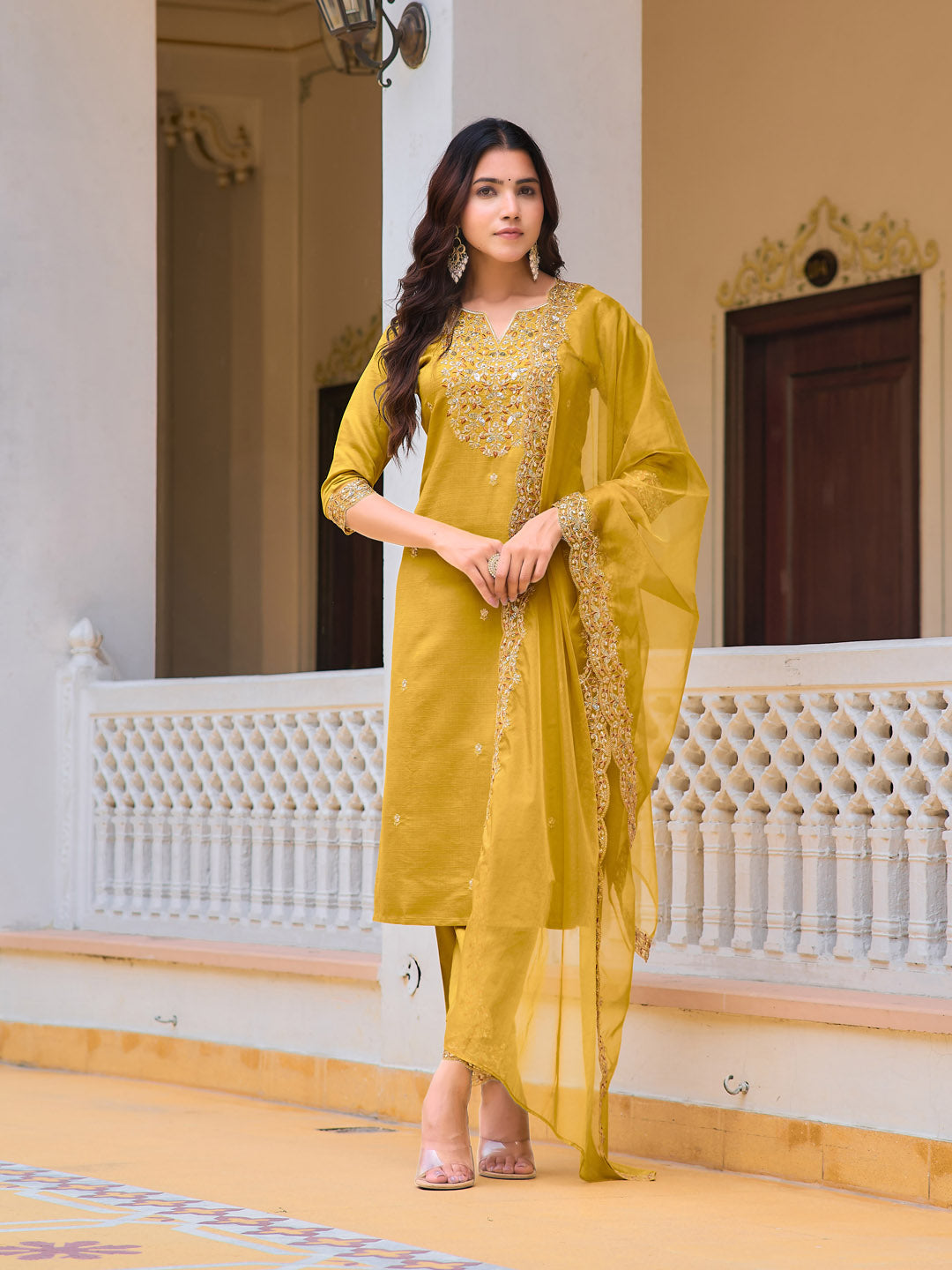 Embroidered Kurta With Pant & Embroidered Dupatta, Mustard - Hiral Fashion