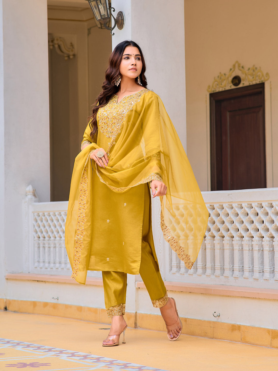 Embroidered Kurta With Pant & Embroidered Dupatta, Mustard - Hiral Fashion