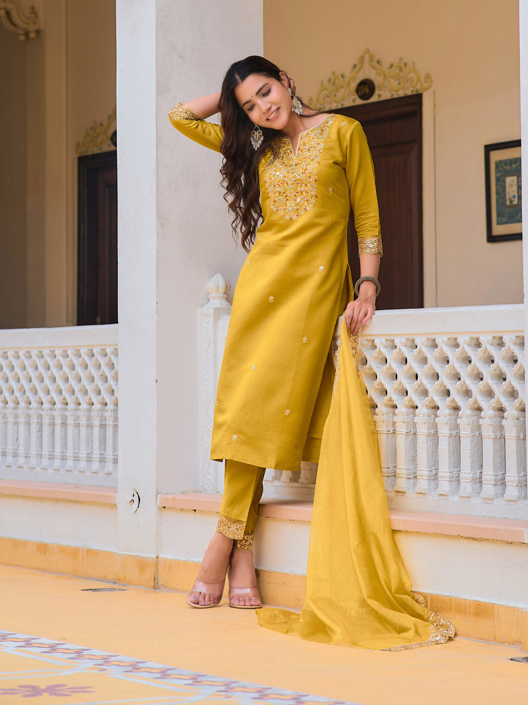 Embroidered Kurta With Pant & Embroidered Dupatta, Mustard - Hiral Fashion