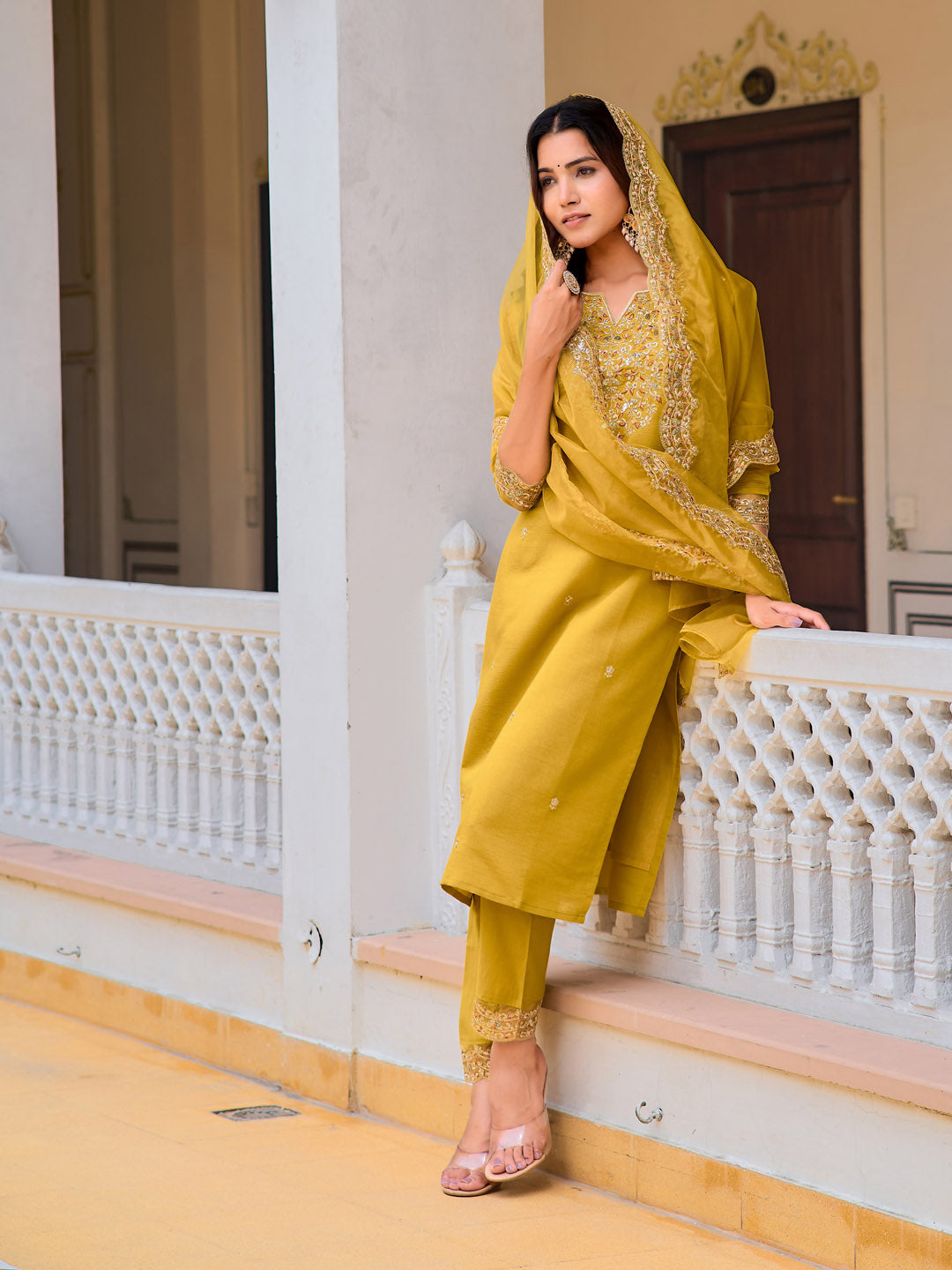 Embroidered Kurta With Pant & Embroidered Dupatta, Mustard - Hiral Fashion