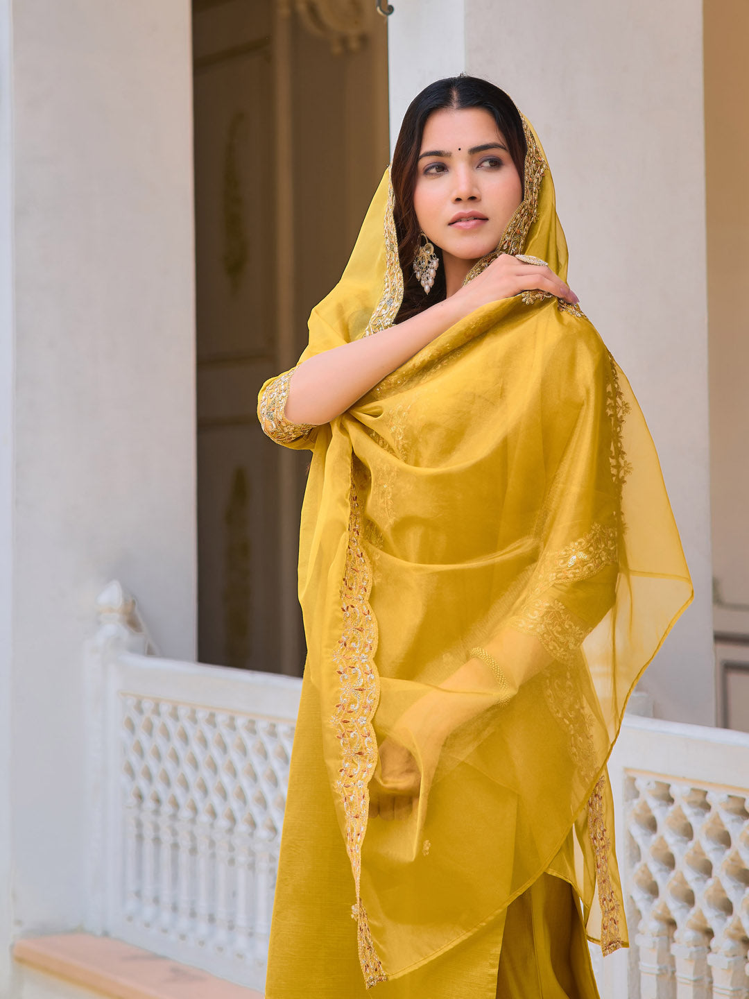 Embroidered Kurta With Pant & Embroidered Dupatta, Mustard - Hiral Fashion