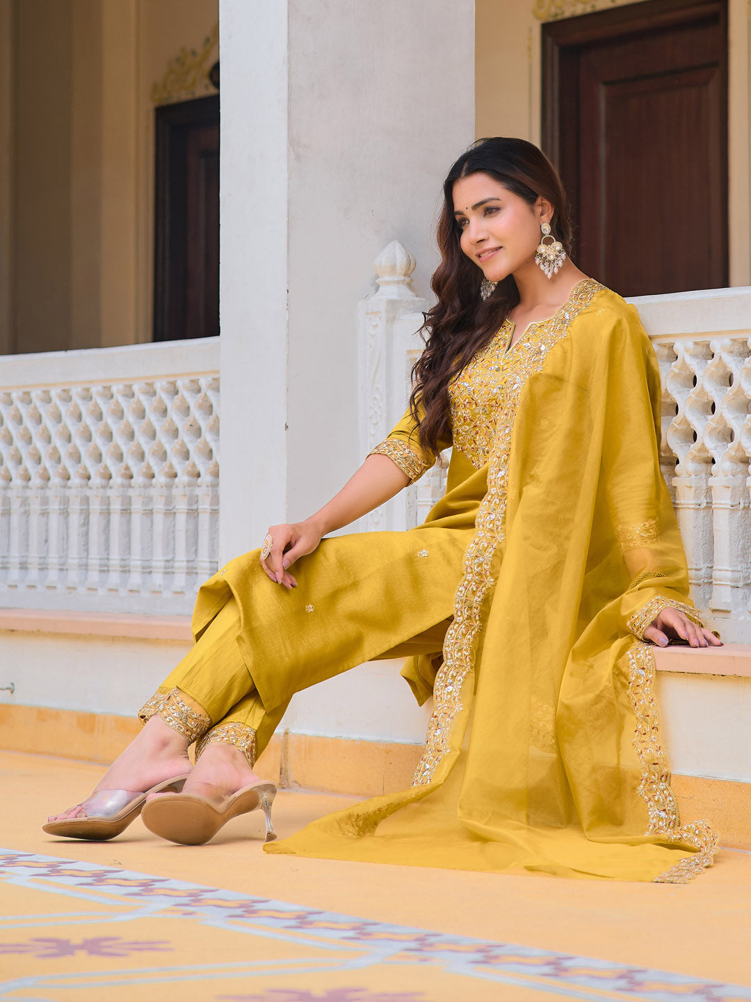 Embroidered Kurta With Pant & Embroidered Dupatta, Mustard - Hiral Fashion