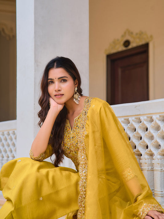 Embroidered Kurta With Pant & Embroidered Dupatta, Mustard - Hiral Fashion
