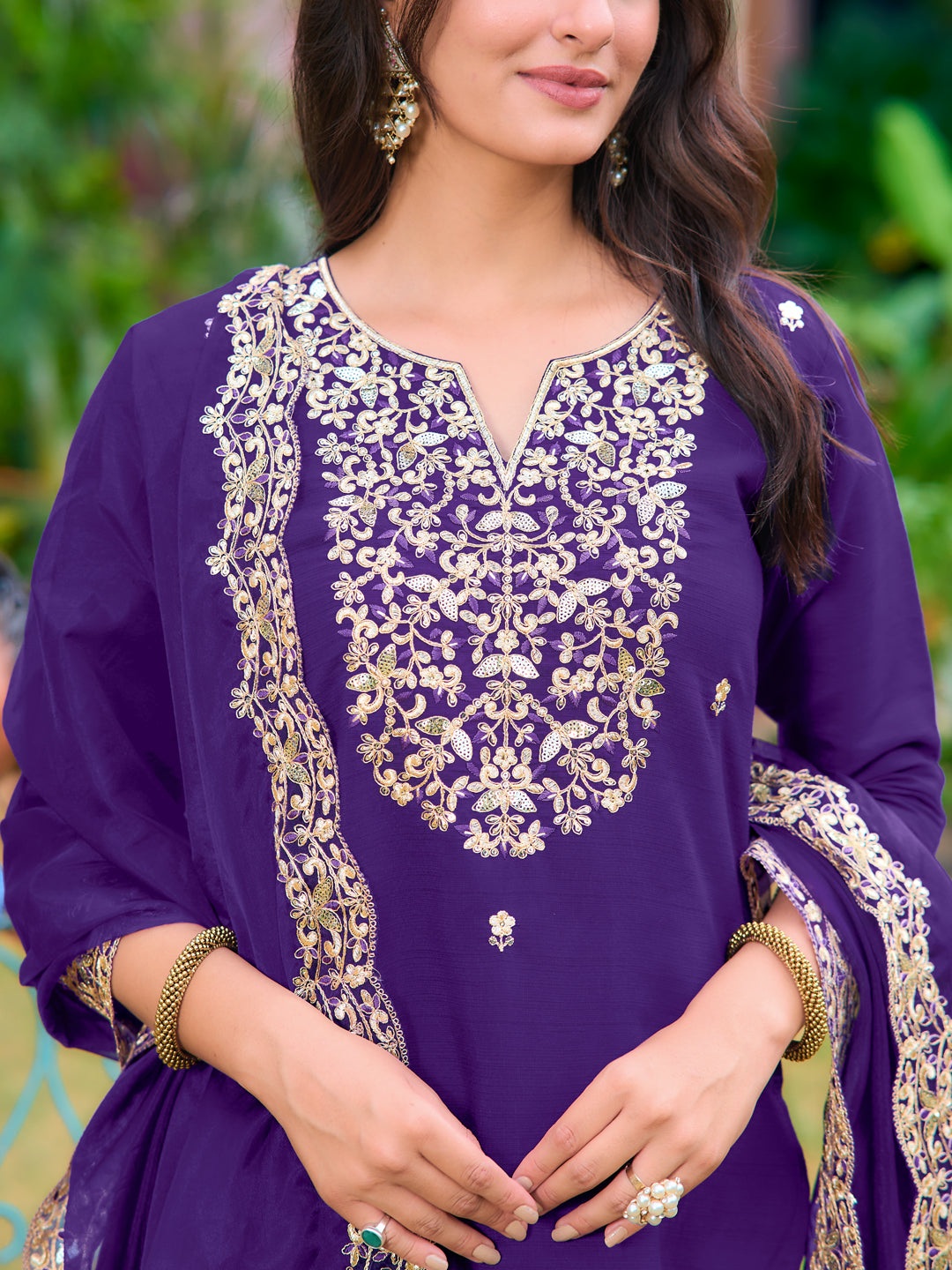 Embroidered Kurta With Pant & Embroidered Dupatta, Purple - Hiral Fashion
