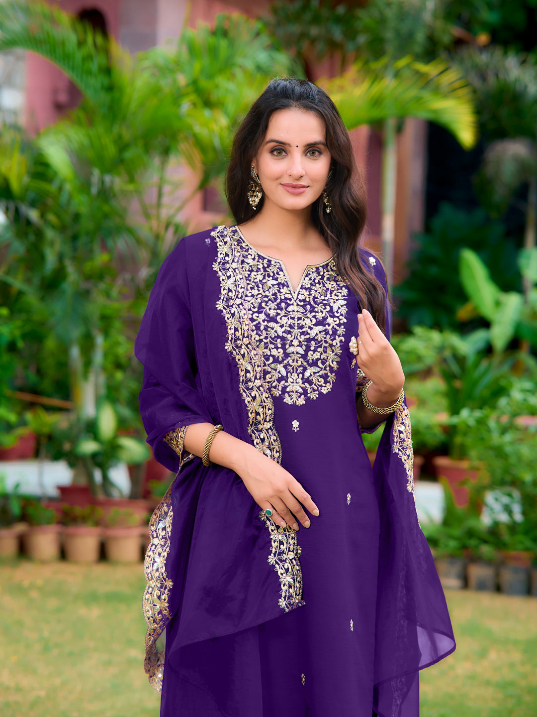 Embroidered Kurta With Pant & Embroidered Dupatta, Purple - Hiral Fashion