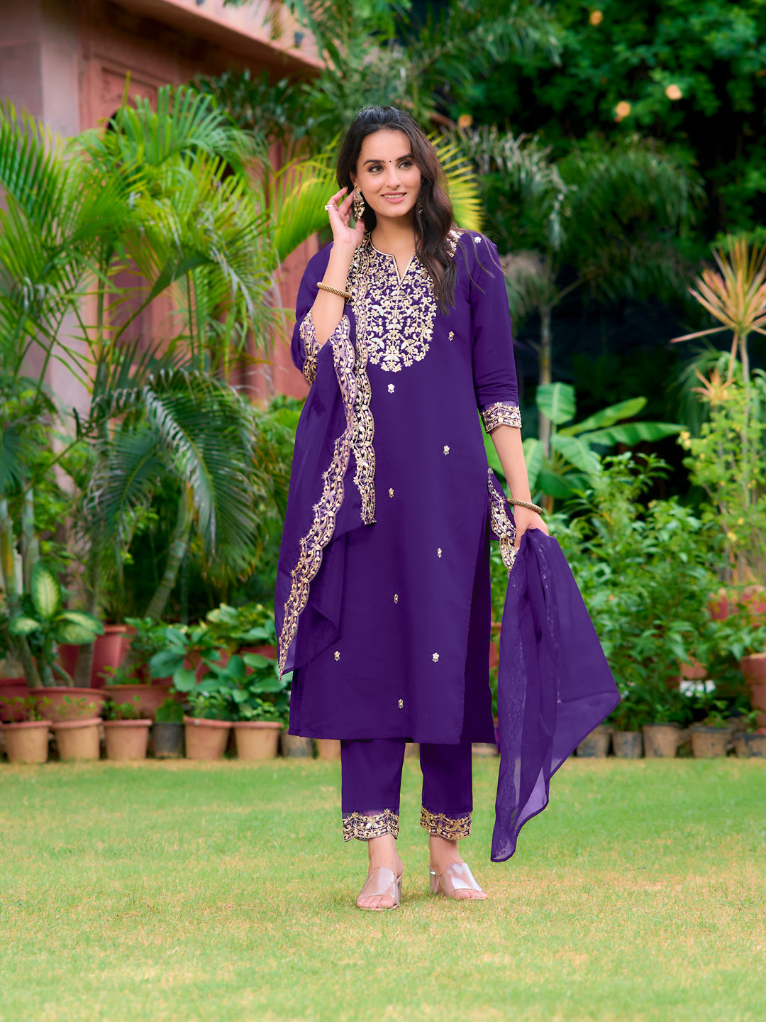 Embroidered Kurta With Pant & Embroidered Dupatta, Purple - Hiral Fashion