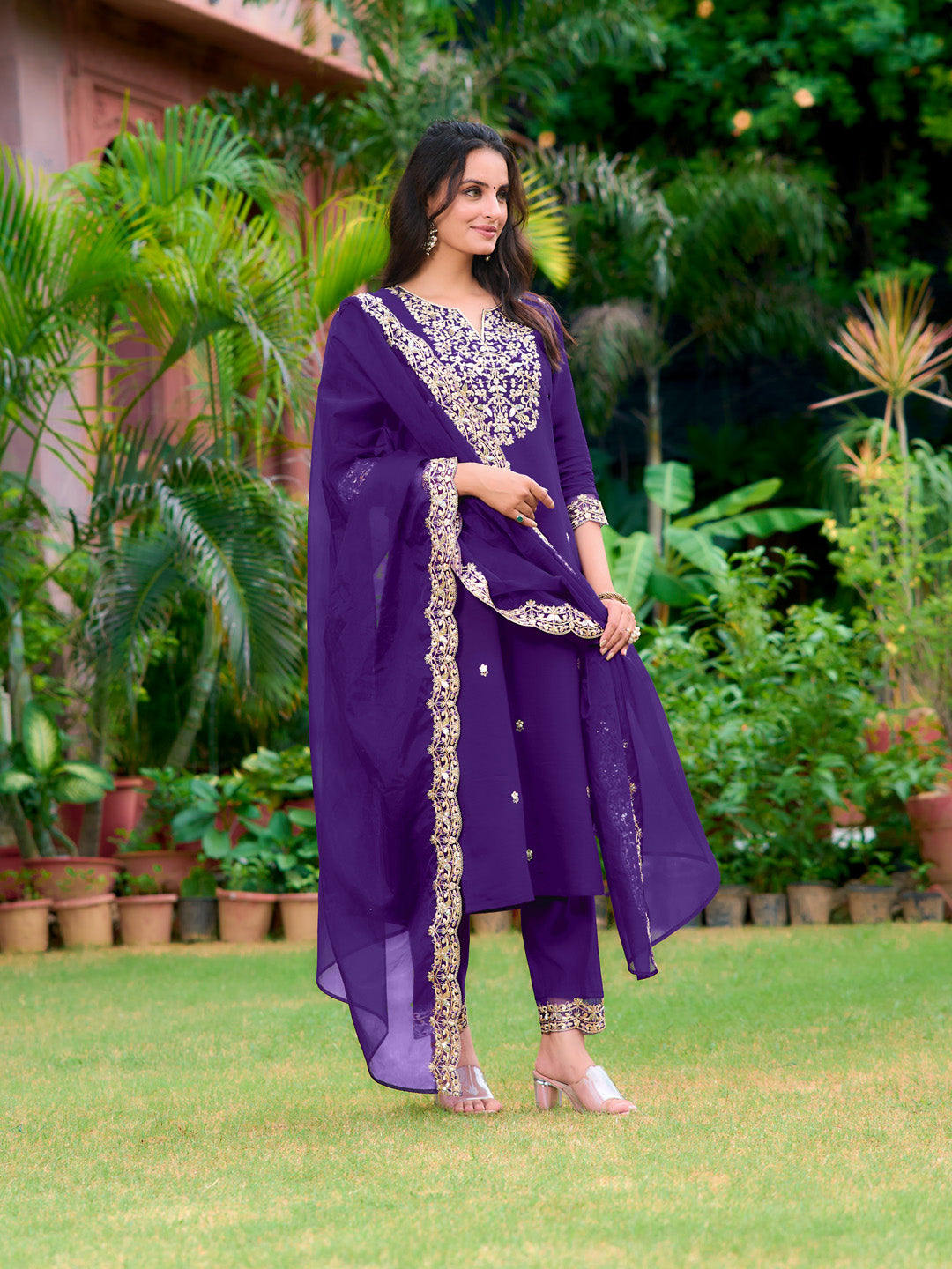 Embroidered Kurta With Pant & Embroidered Dupatta, Purple - Hiral Fashion