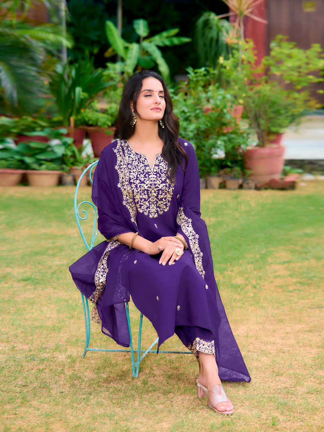 Embroidered Kurta With Pant & Embroidered Dupatta, Purple - Hiral Fashion