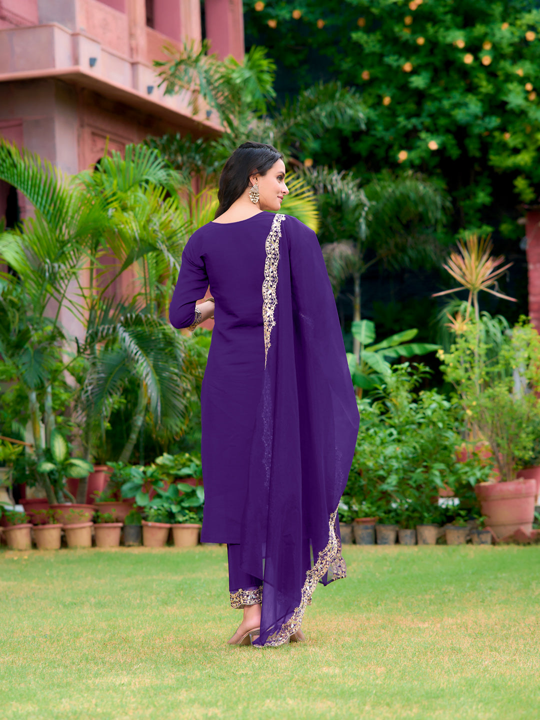 Embroidered Kurta With Pant & Embroidered Dupatta, Purple - Hiral Fashion
