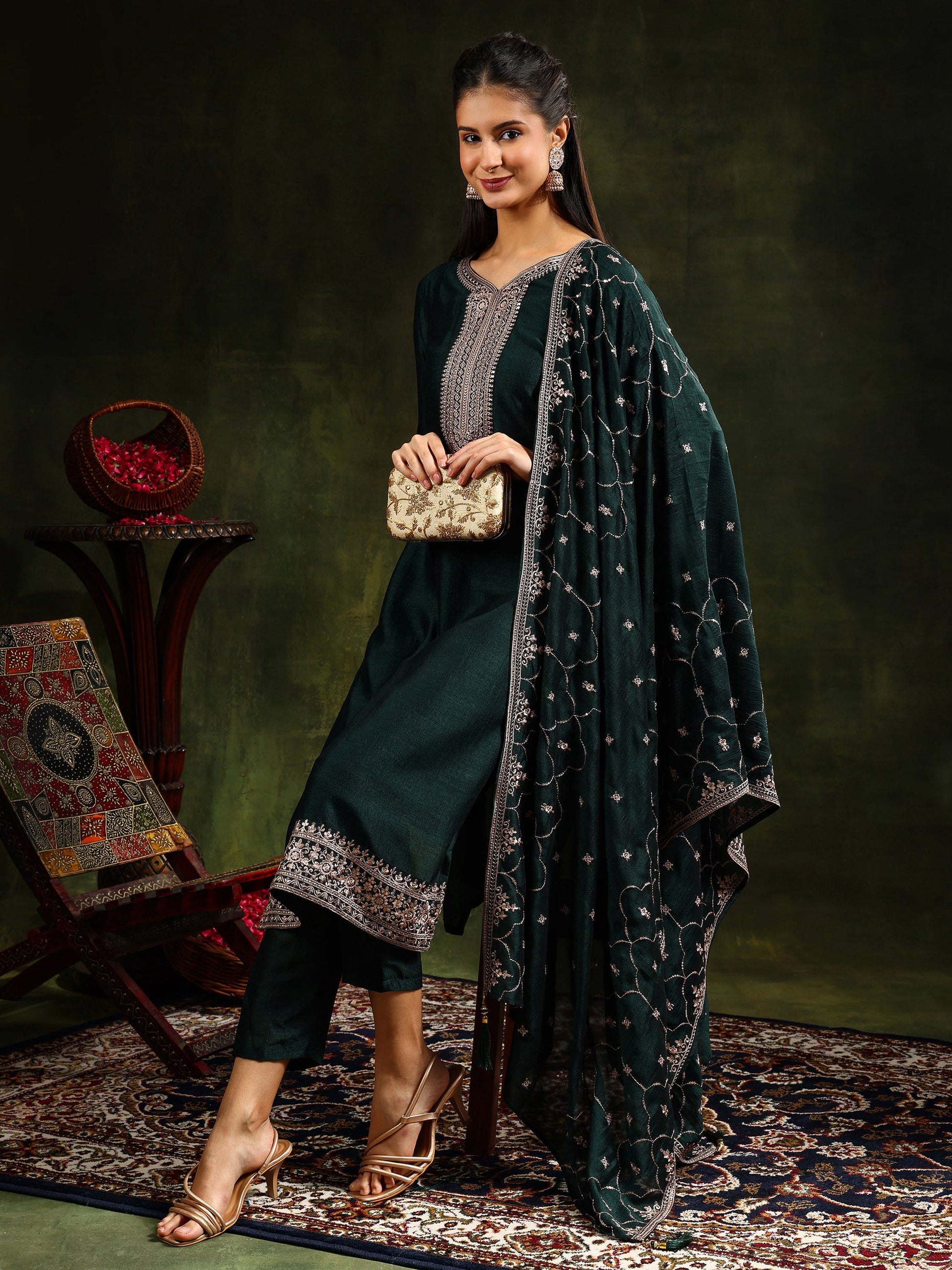 Sequined Embroidered Kurta With Pant & Embroidered Dupatta, Green - Hiral Fashion