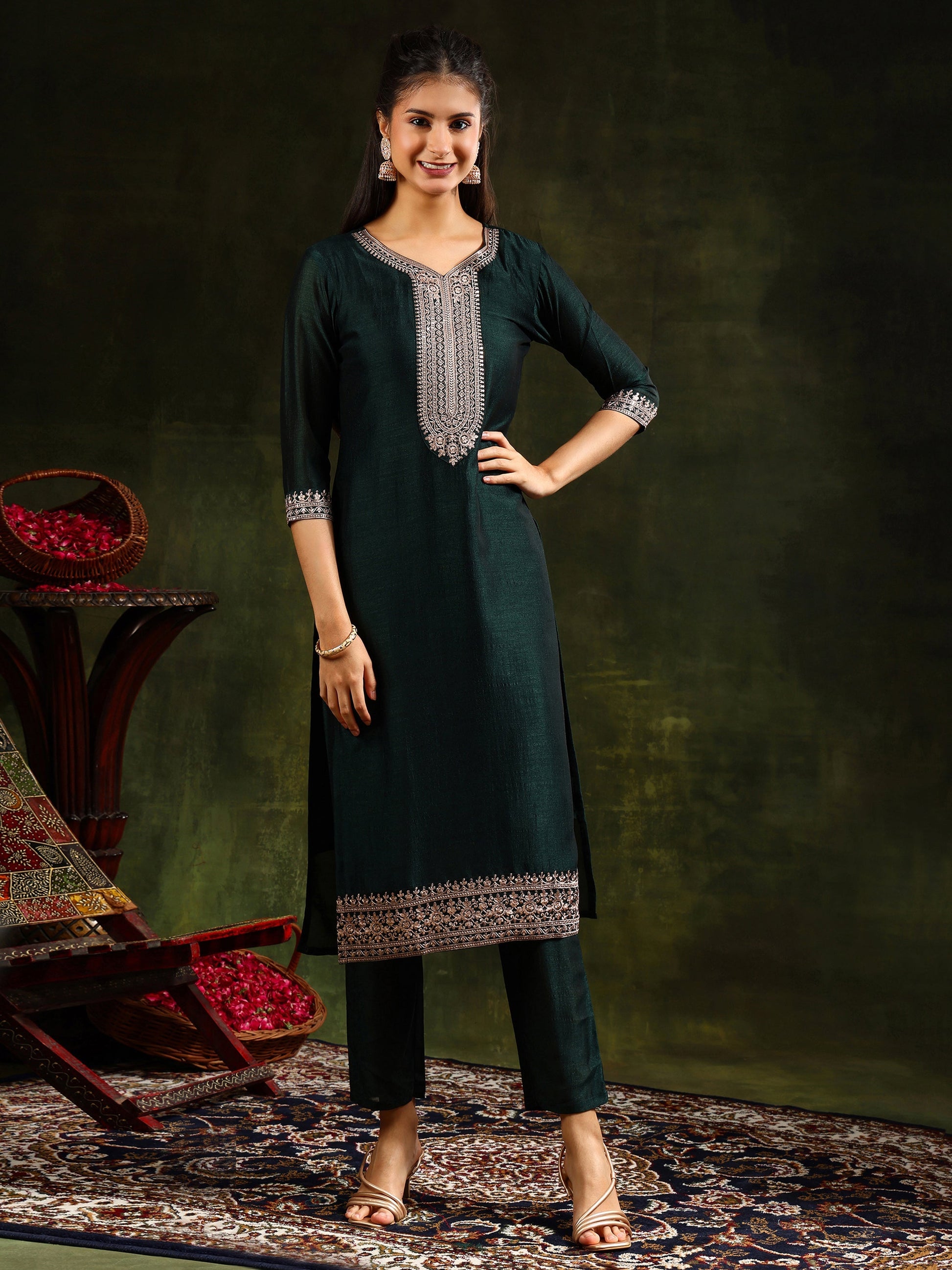 Sequined Embroidered Kurta With Pant & Embroidered Dupatta, Green - Hiral Fashion