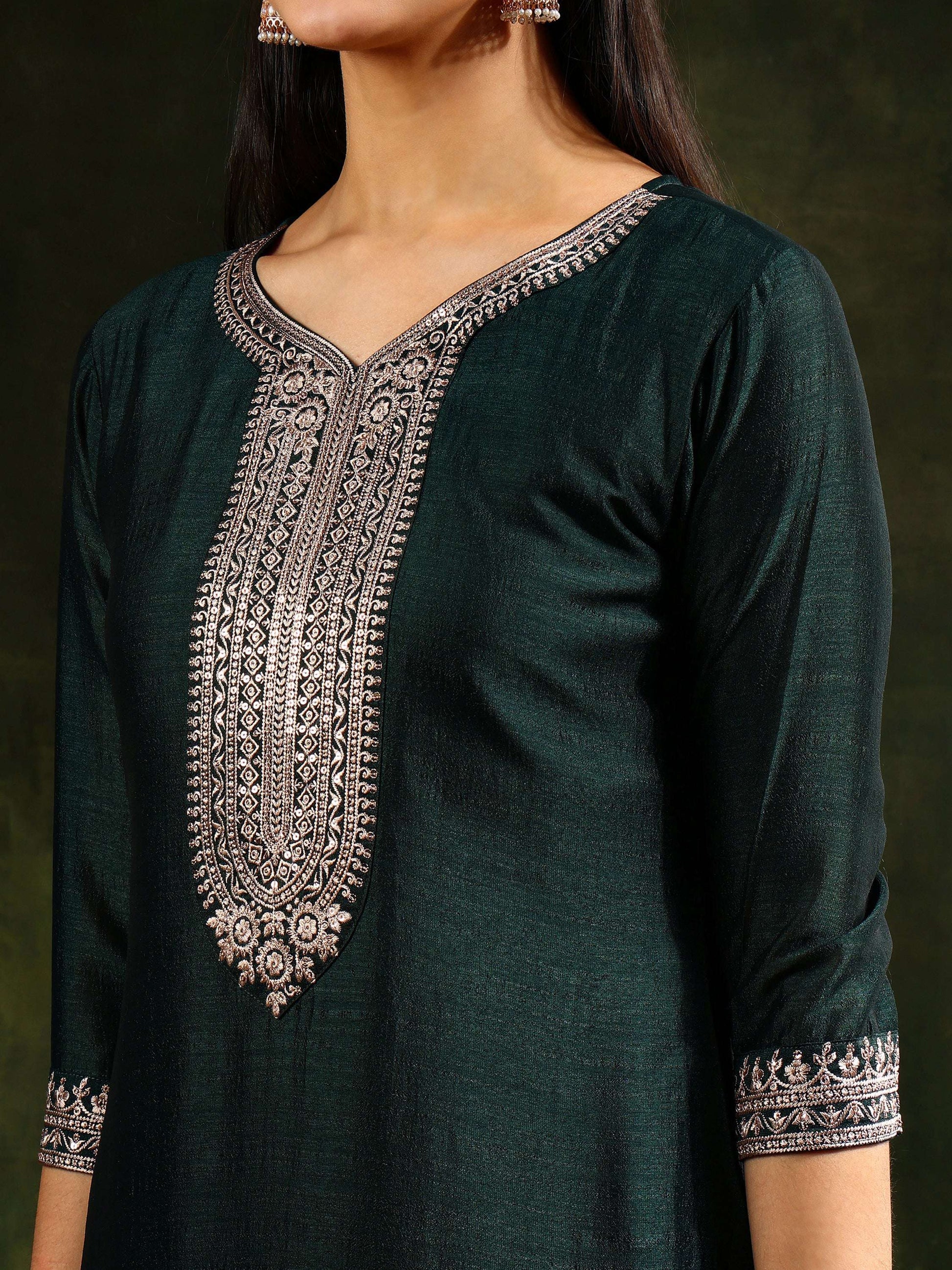 Sequined Embroidered Kurta With Pant & Embroidered Dupatta, Green - Hiral Fashion