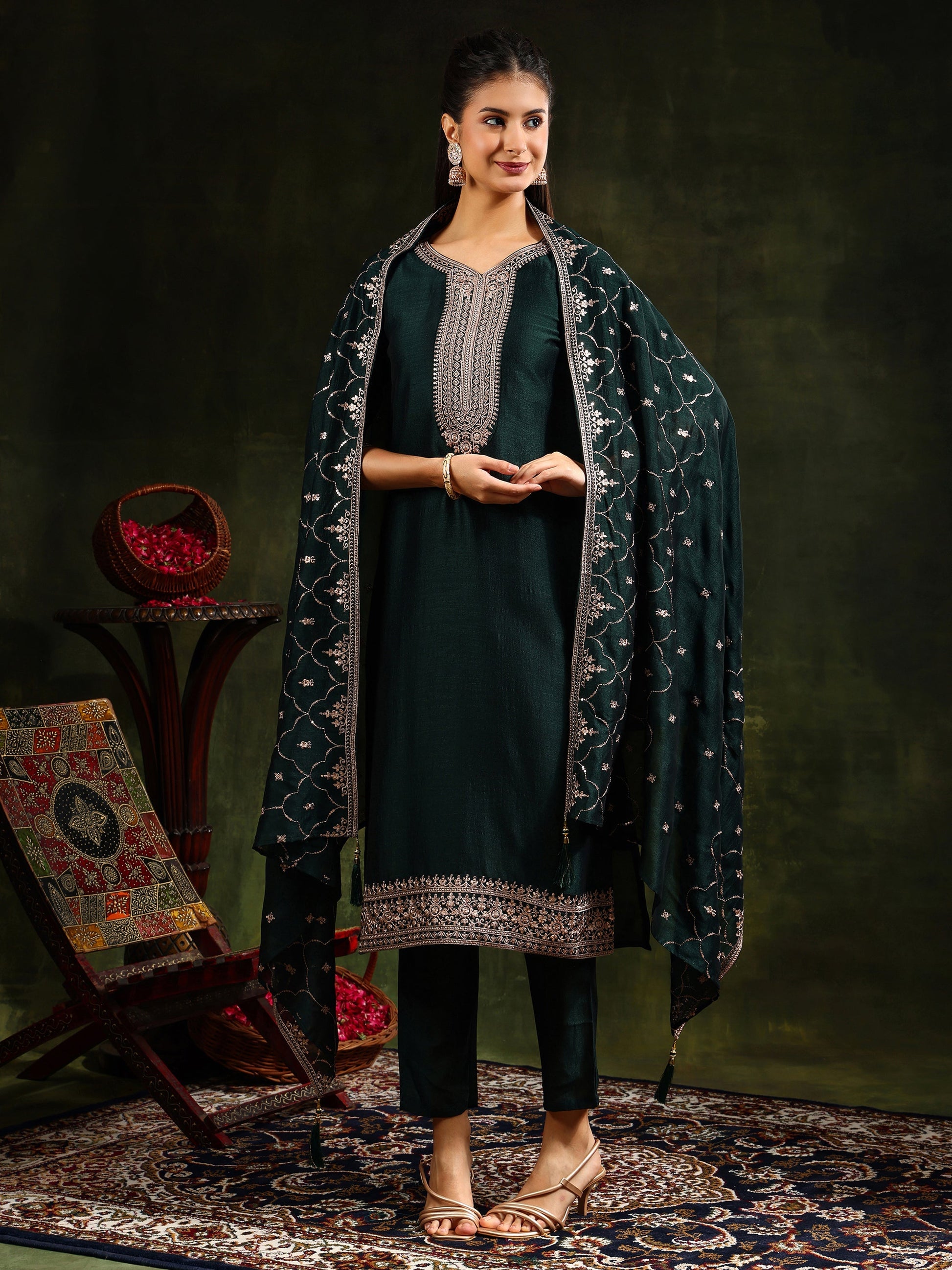 Sequined Embroidered Kurta With Pant & Embroidered Dupatta, Green - Hiral Fashion