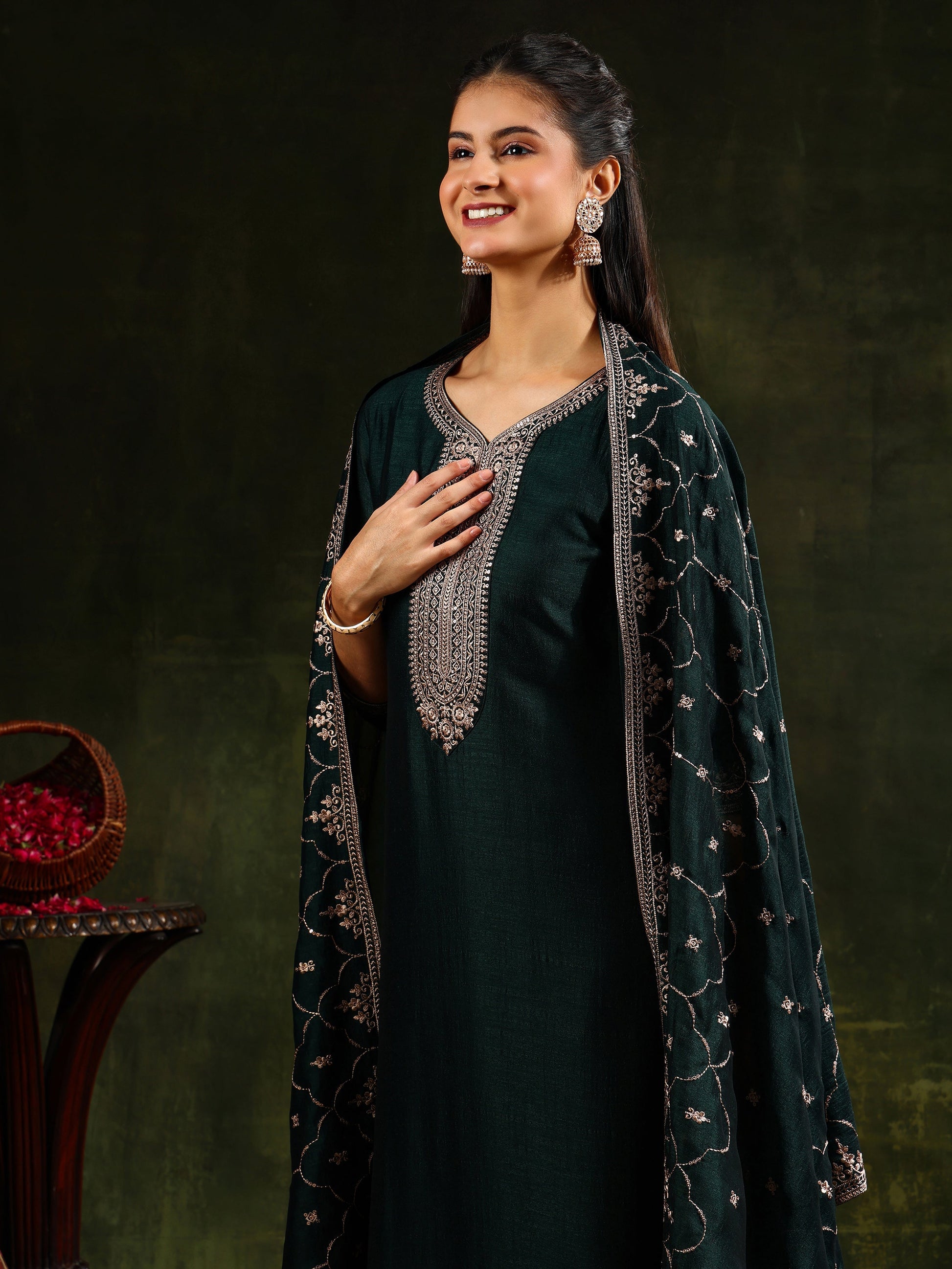 Sequined Embroidered Kurta With Pant & Embroidered Dupatta, Green - Hiral Fashion