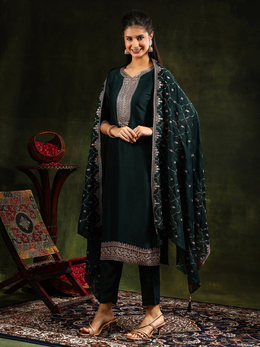 Sequined Embroidered Kurta With Pant & Embroidered Dupatta, Green - Hiral Fashion