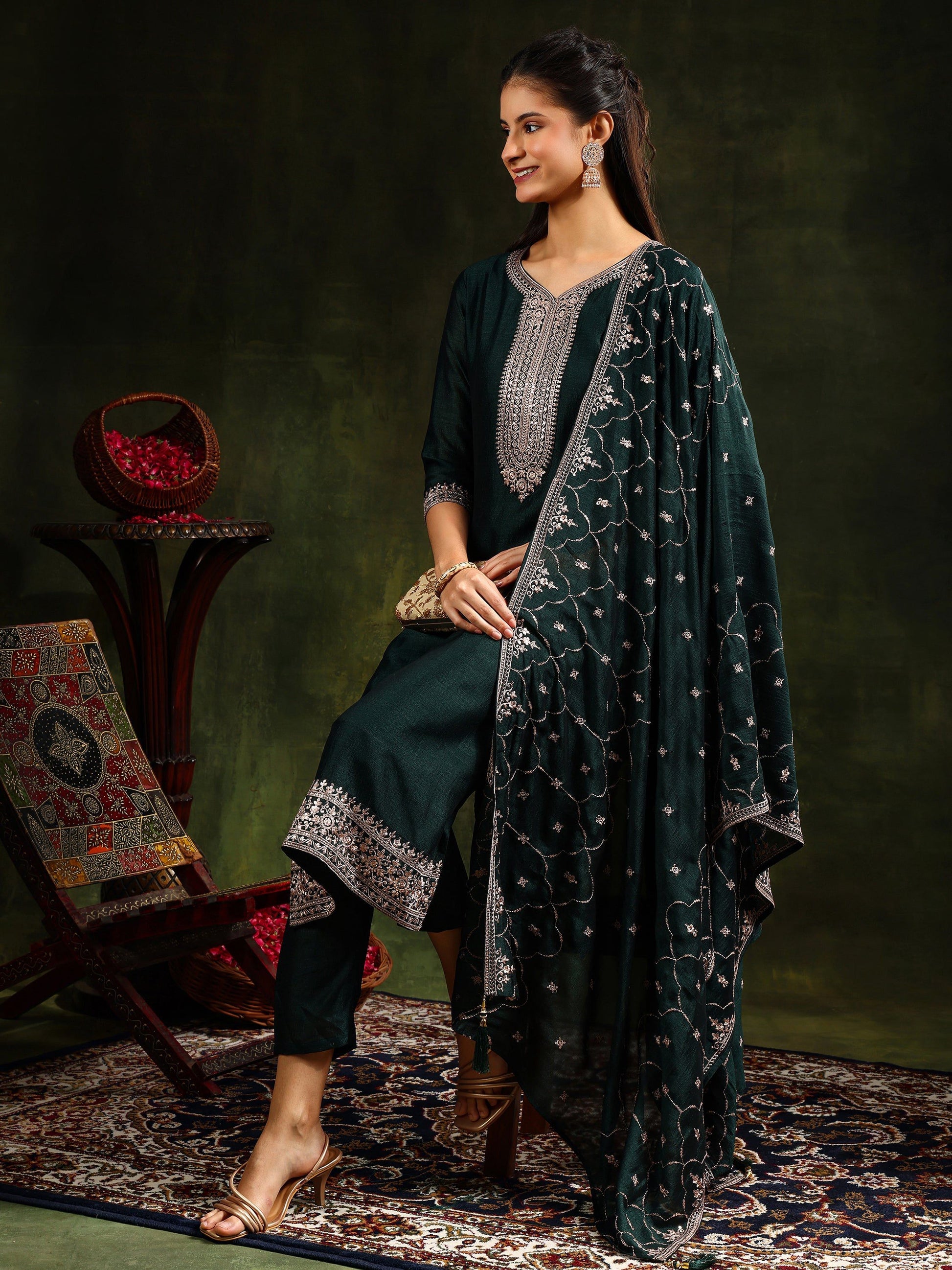 Sequined Embroidered Kurta With Pant & Embroidered Dupatta, Green - Hiral Fashion