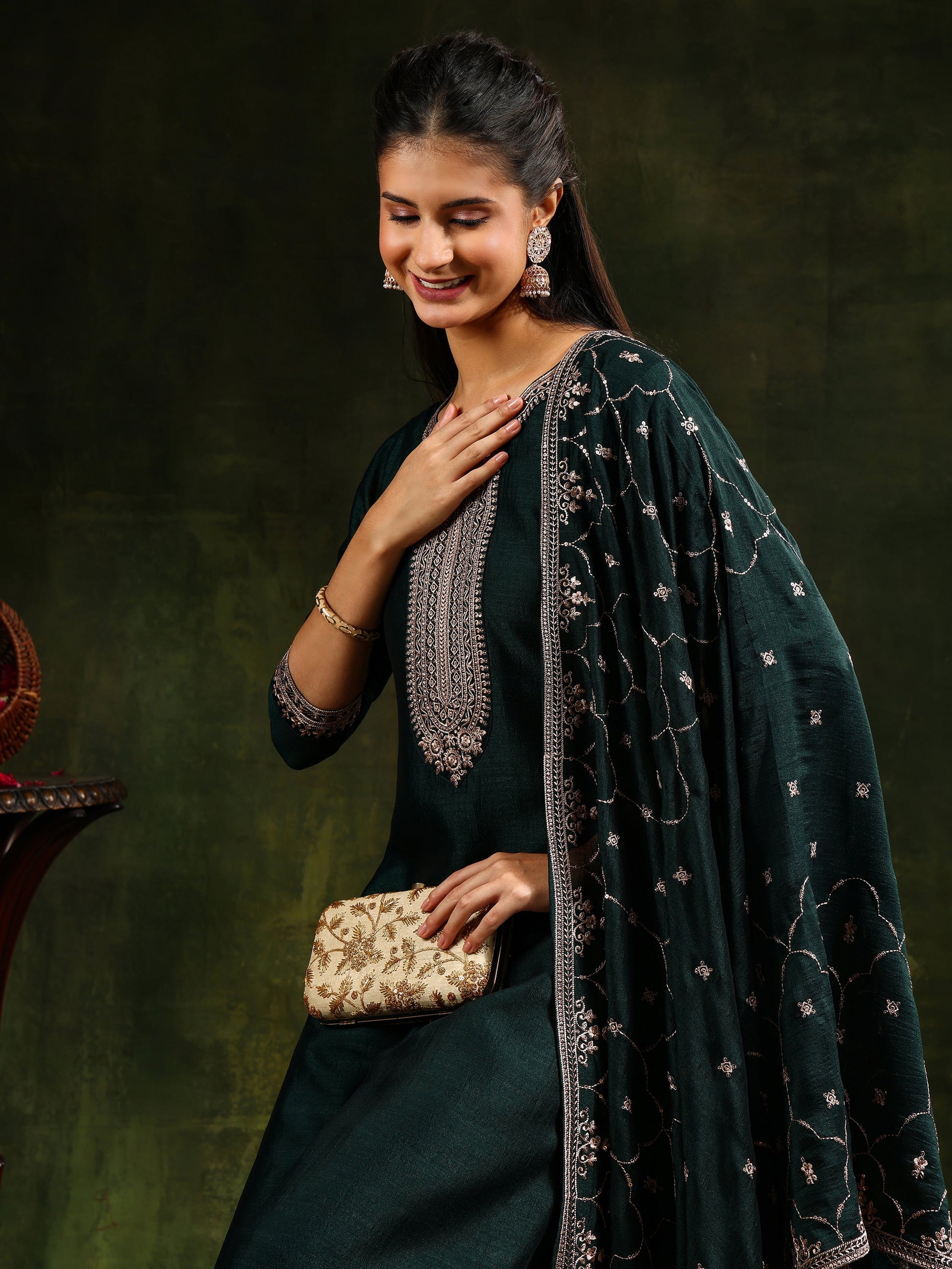 Sequined Embroidered Kurta With Pant & Embroidered Dupatta, Green - Hiral Fashion