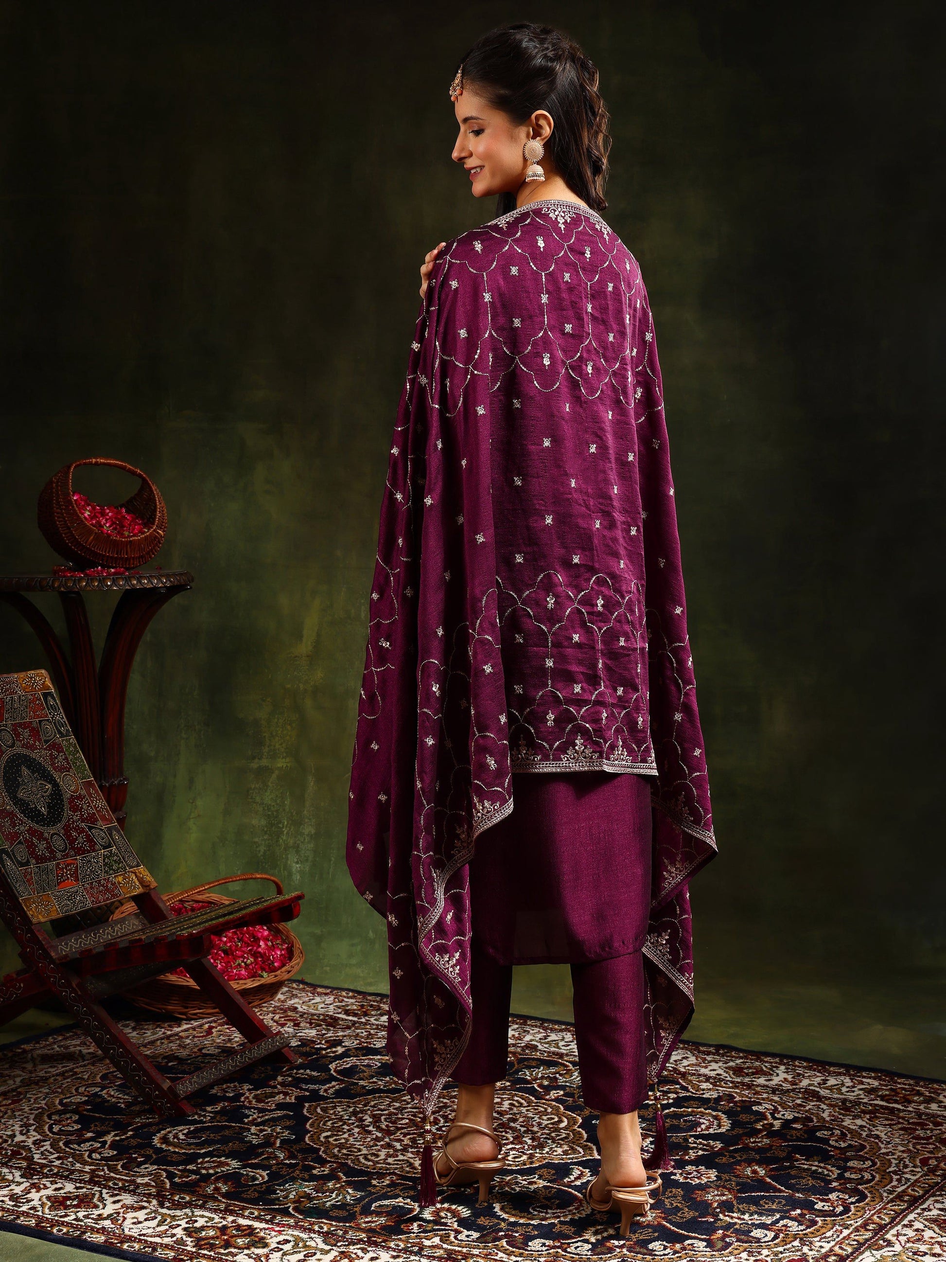 Sequined Embroidered Kurta With Pant & Embroidered Dupatta, Purple - Hiral Fashion