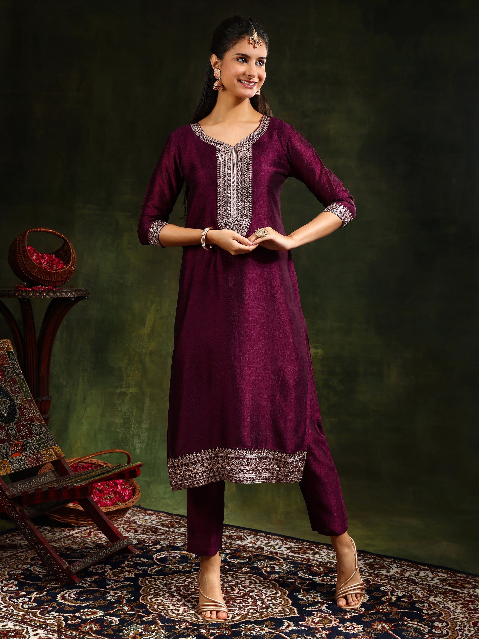 Sequined Embroidered Kurta With Pant & Embroidered Dupatta, Purple - Hiral Fashion