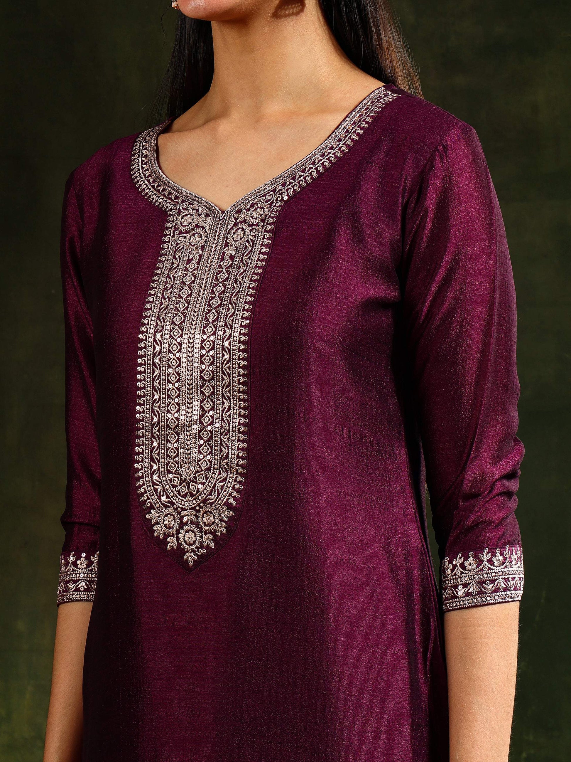Sequined Embroidered Kurta With Pant & Embroidered Dupatta, Purple - Hiral Fashion