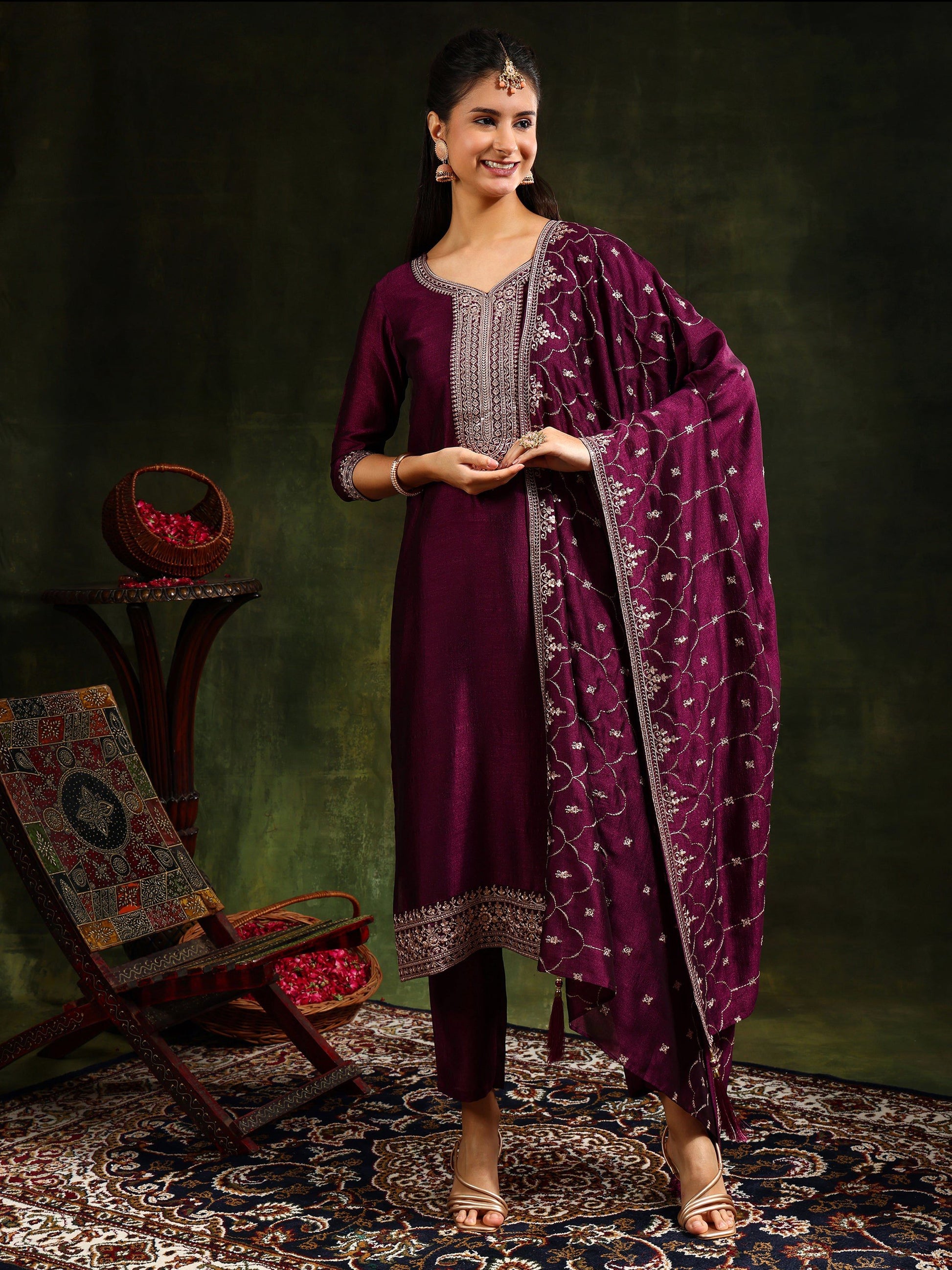 Sequined Embroidered Kurta With Pant & Embroidered Dupatta, Purple - Hiral Fashion