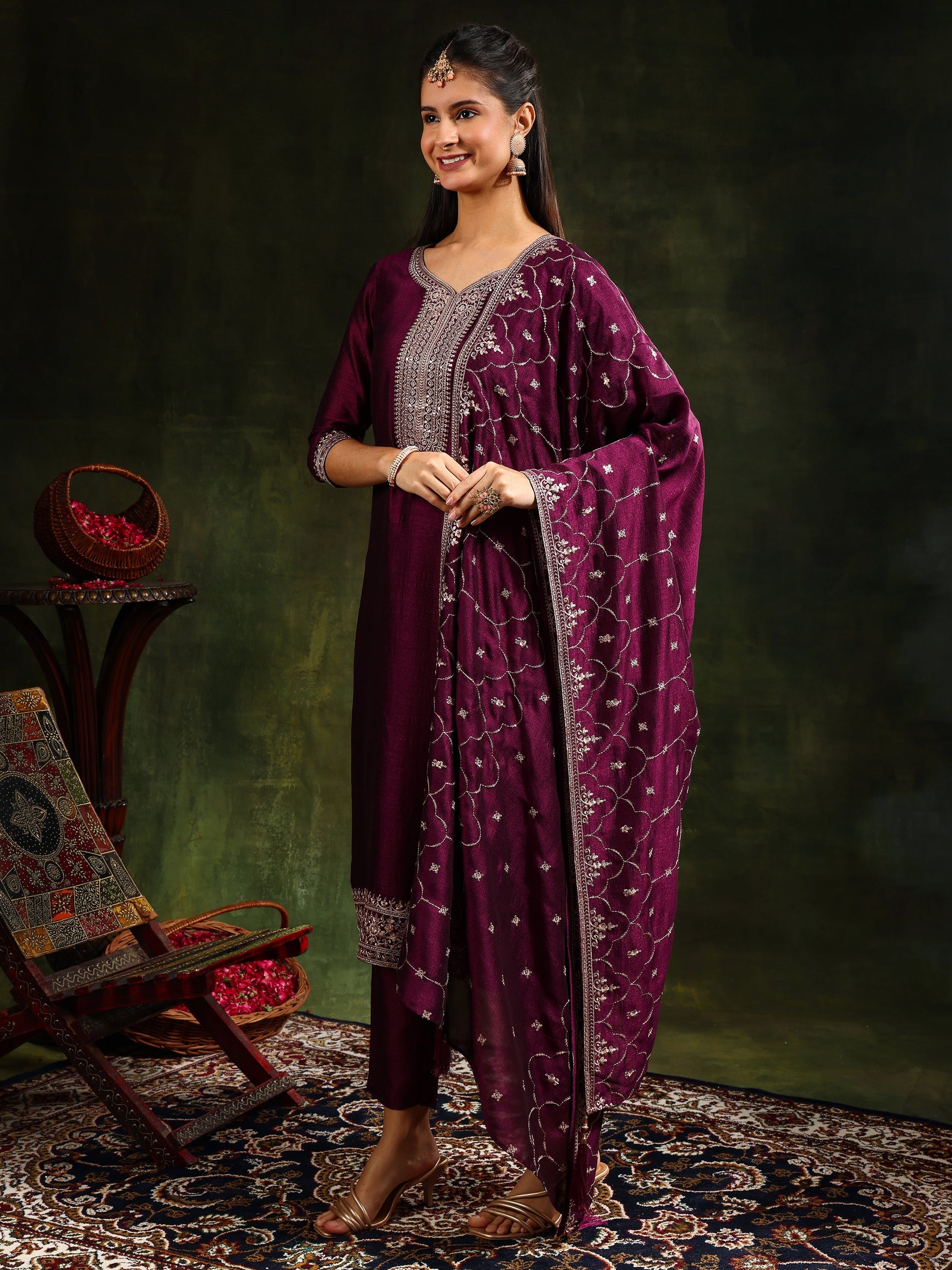 Sequined Embroidered Kurta With Pant & Embroidered Dupatta, Purple - Hiral Fashion