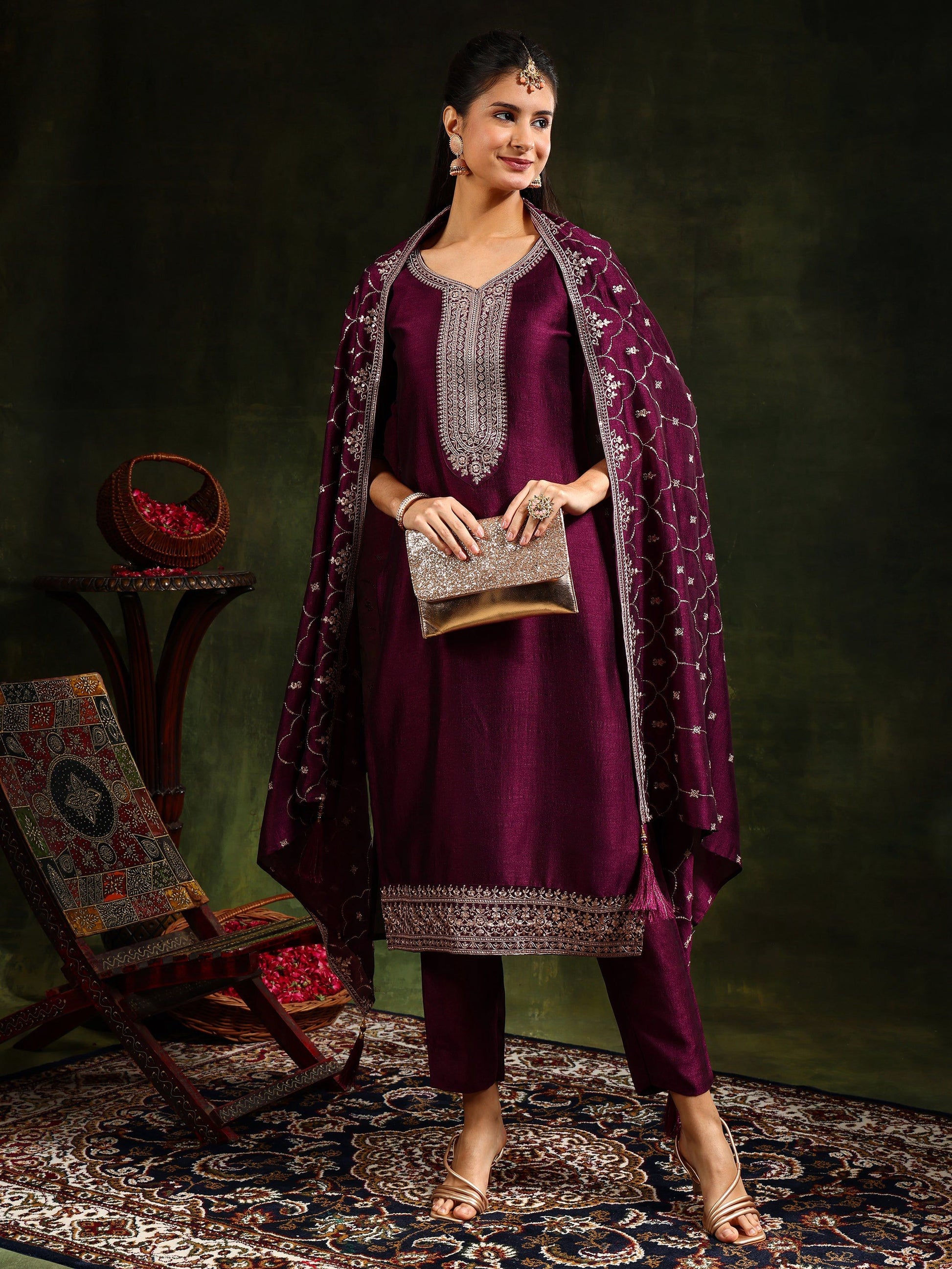 Sequined Embroidered Kurta With Pant & Embroidered Dupatta, Purple - Hiral Fashion