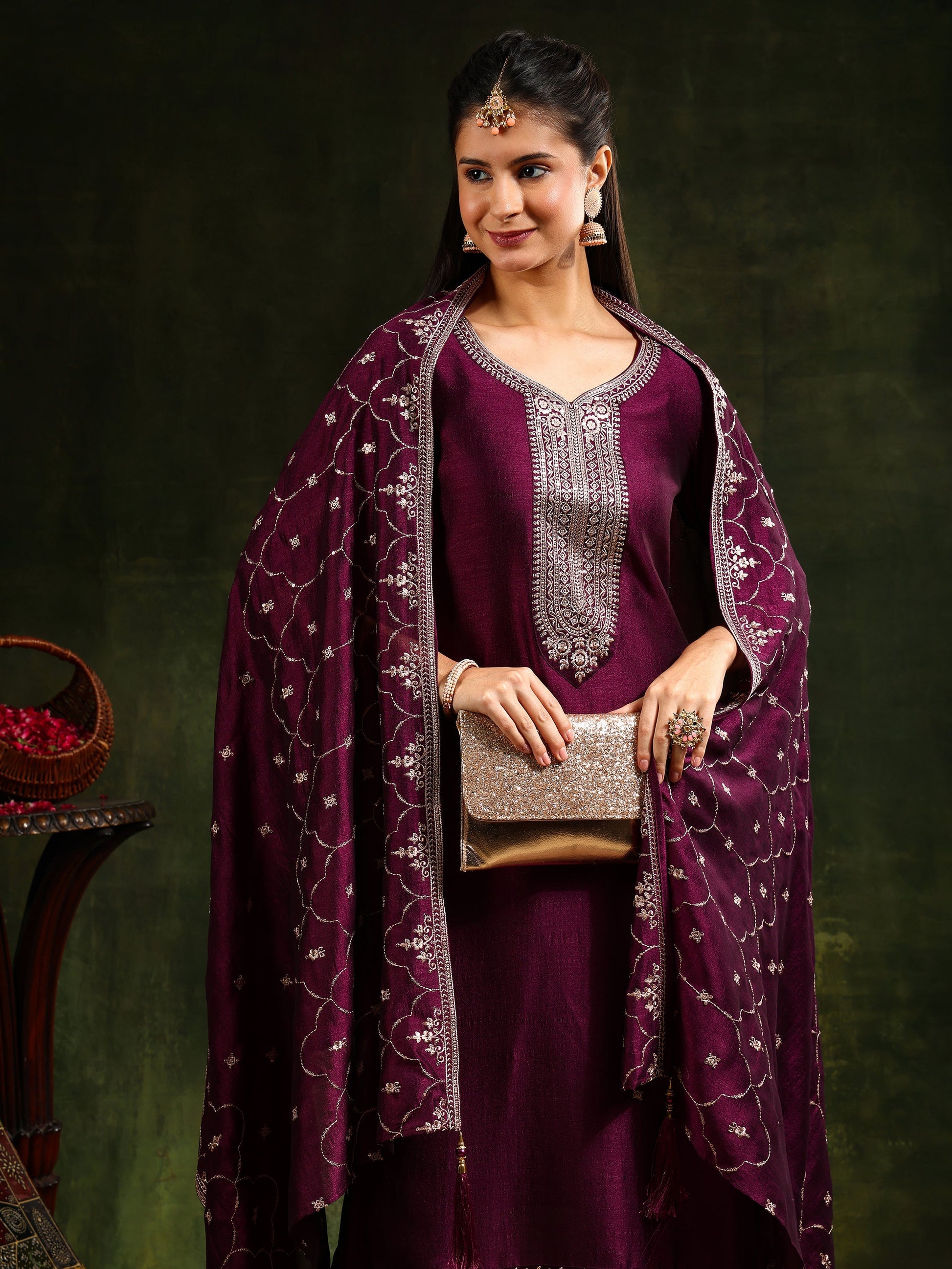 Sequined Embroidered Kurta With Pant & Embroidered Dupatta, Purple - Hiral Fashion