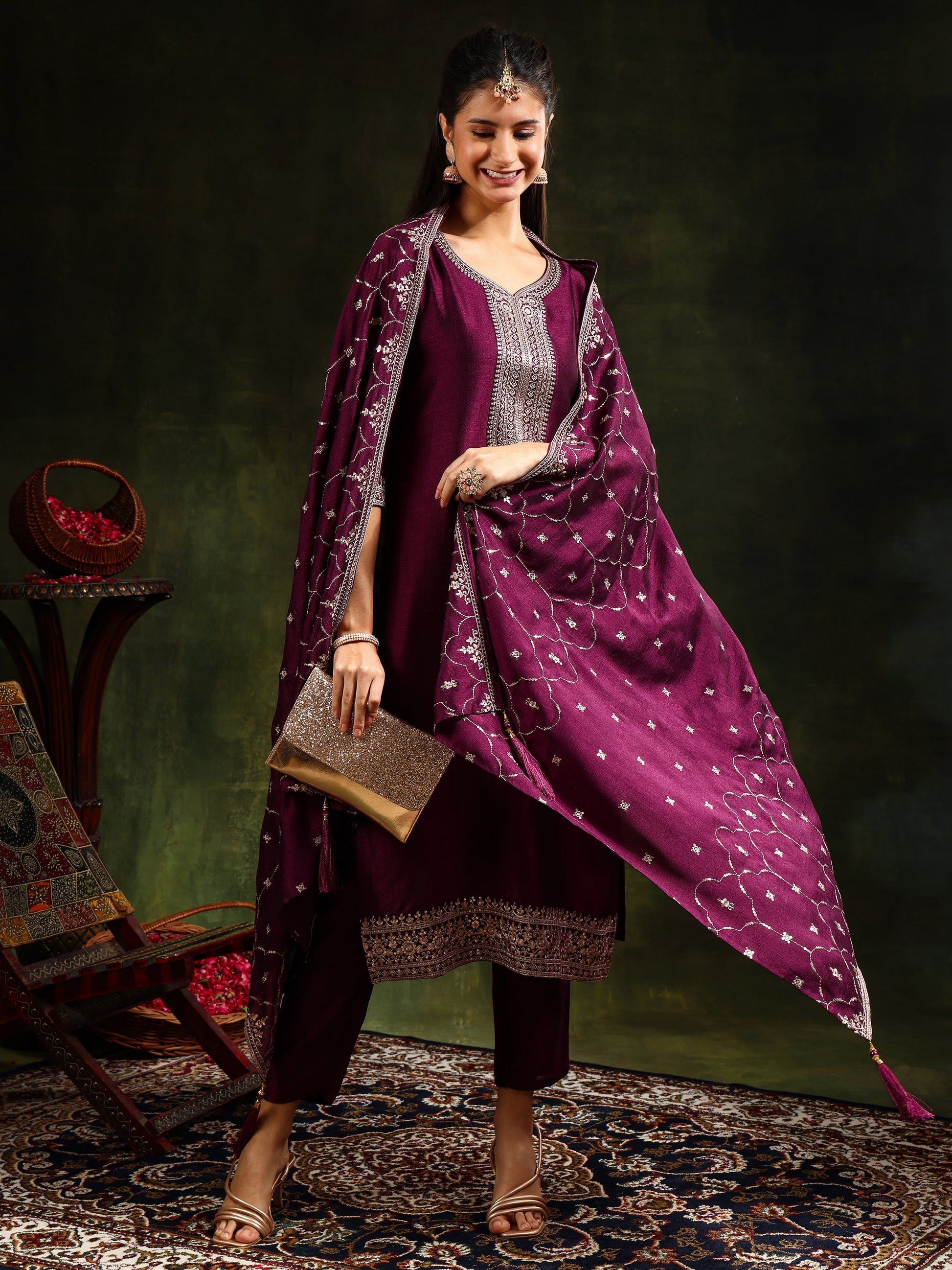 Sequined Embroidered Kurta With Pant & Embroidered Dupatta, Purple - Hiral Fashion