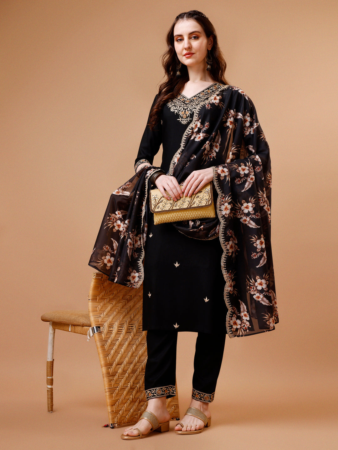 Embroidered Kurta With Pant & Floral Printed Cut Embroidered Work Dupatta Premium, Multicolor - Hiral Fashion